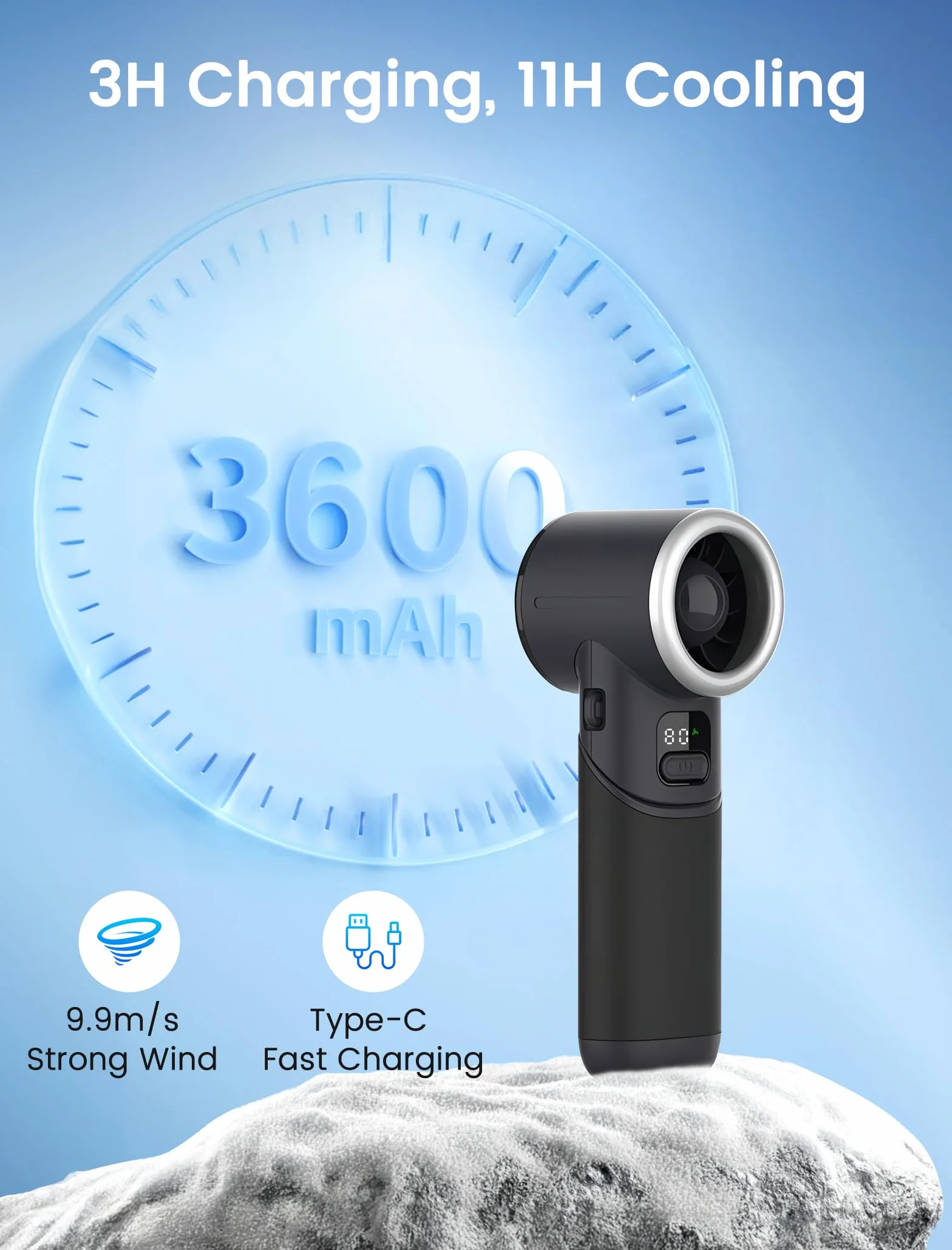 MERTTURM Ręczny wentylator turbo [11H Standby], osobisty wentylator USB, składany wentylator z 5 prędkościami, przenośny mini wentylator ręczny, wskaźnik baterii, biurko/na zewnątrz/prezent - czarny