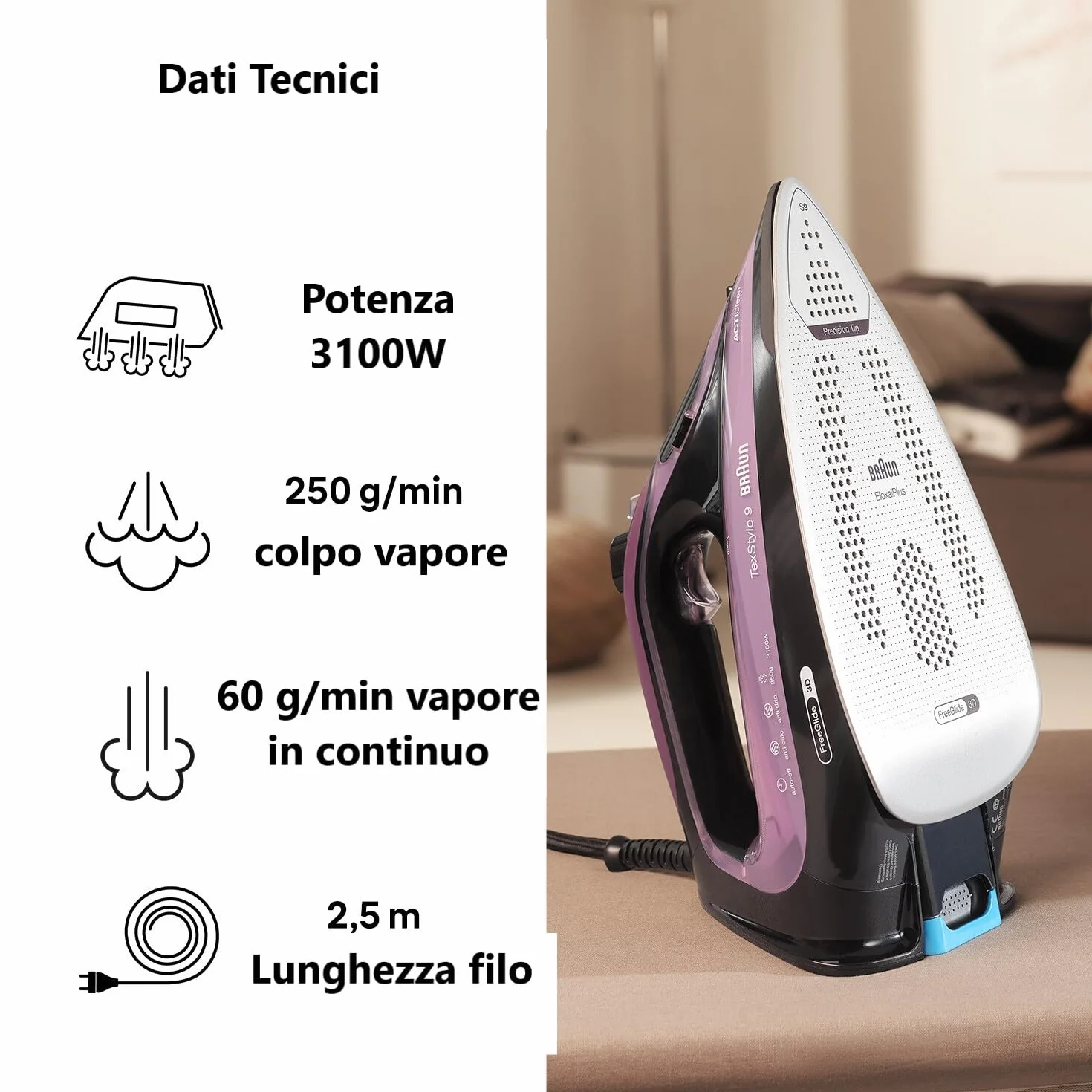Braun TexStyle 9 SI9661VI żelazko parowe z technologią FreeGlide 3D, żelazko pionowe, funkcja zapobiegająca kapaniu, zbiornik 330 ml, 260 g/min, 3200 W, fioletowy