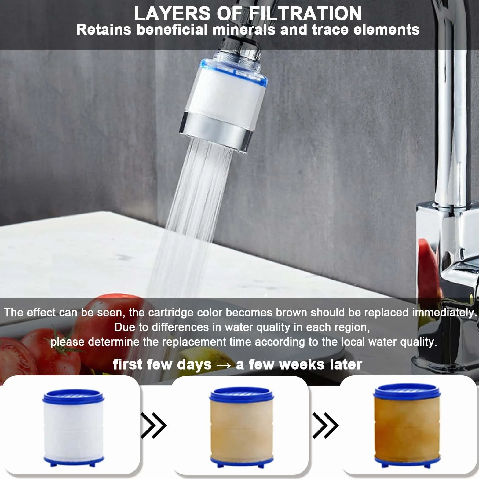 2 sztuki filtrów do wody, kran, filtr 360°, 6 sztuk bawełnianego elementu filtrującego PP i uniwersalnym adapterem, filtr do kranu do domu, kuchni, łazienki, umywalki