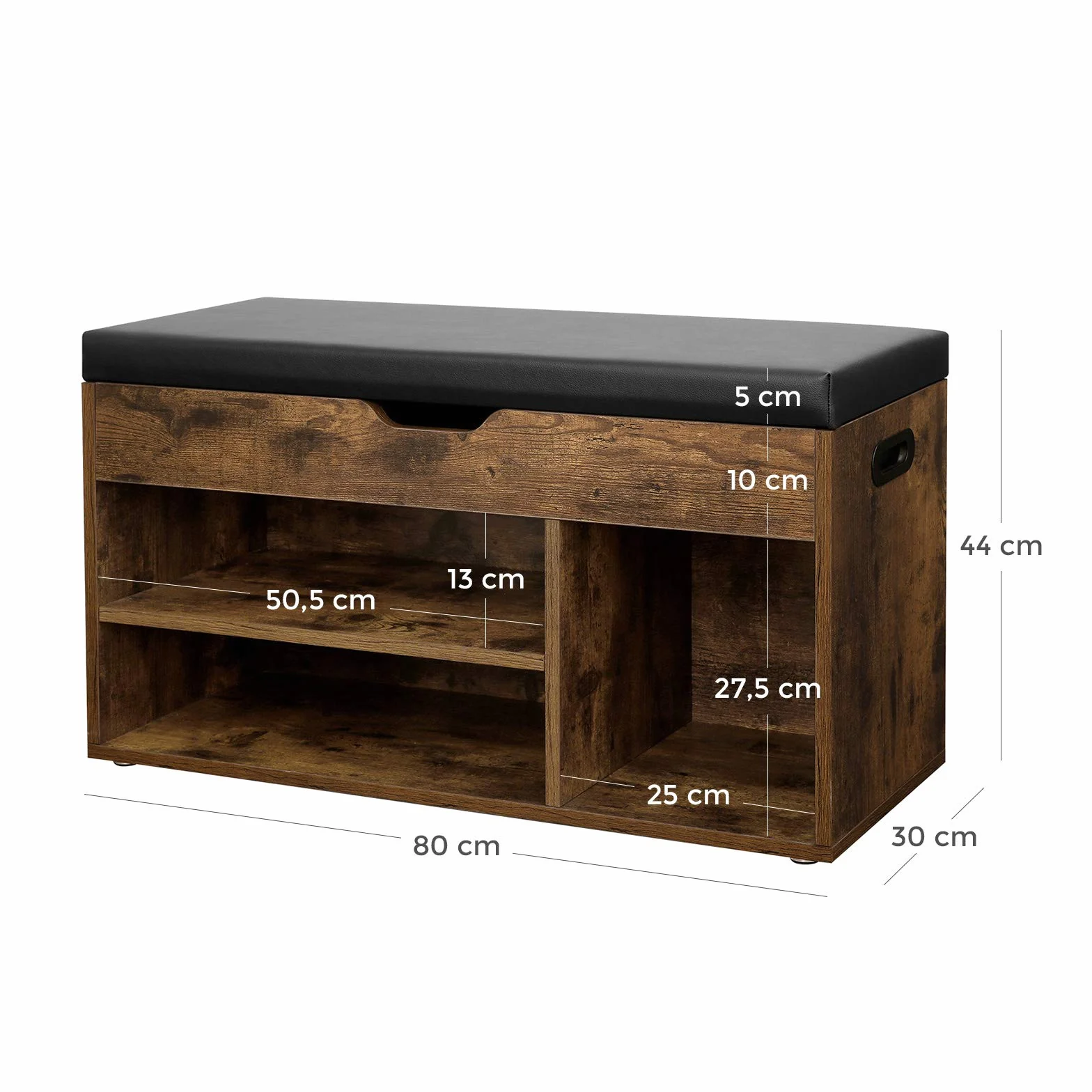 VASAGLE LHS30BX Ławka na buty z poduszką, ławka do przechowywania z wyściełanym siedziskiem, 3 przegródki, ukryty schowek, półki, salon, korytarz, sypialnia, nośność 150 kg, rustykalny brąz