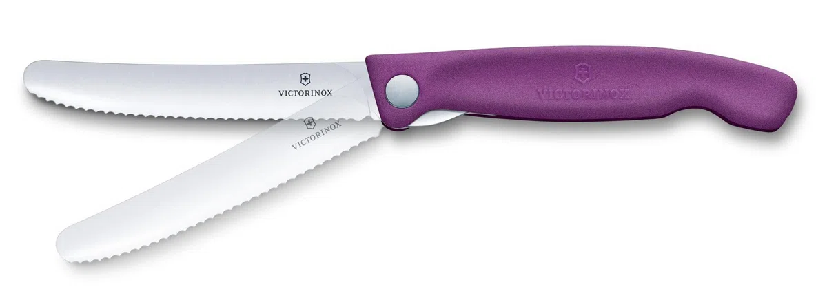 Victorinox Swiss Classic składany nóż do pikniku na wędrówki, owoce, warzywa, bułki, kiełbasę, z falistym szlifem, ekstra ostry, fioletowy