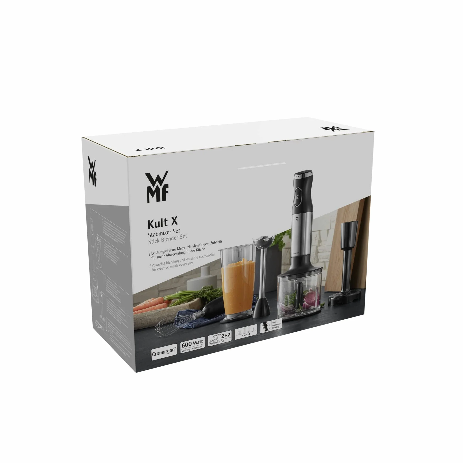 WMF Kult X 5-częściowy zestaw blenderów ręcznych, pałeczka immersyjna, ubijacz, rozdrabniacz, 600 W, magiczna różdżka z pojemnikiem do miksowania 700 ml, stal nierdzewna matowa