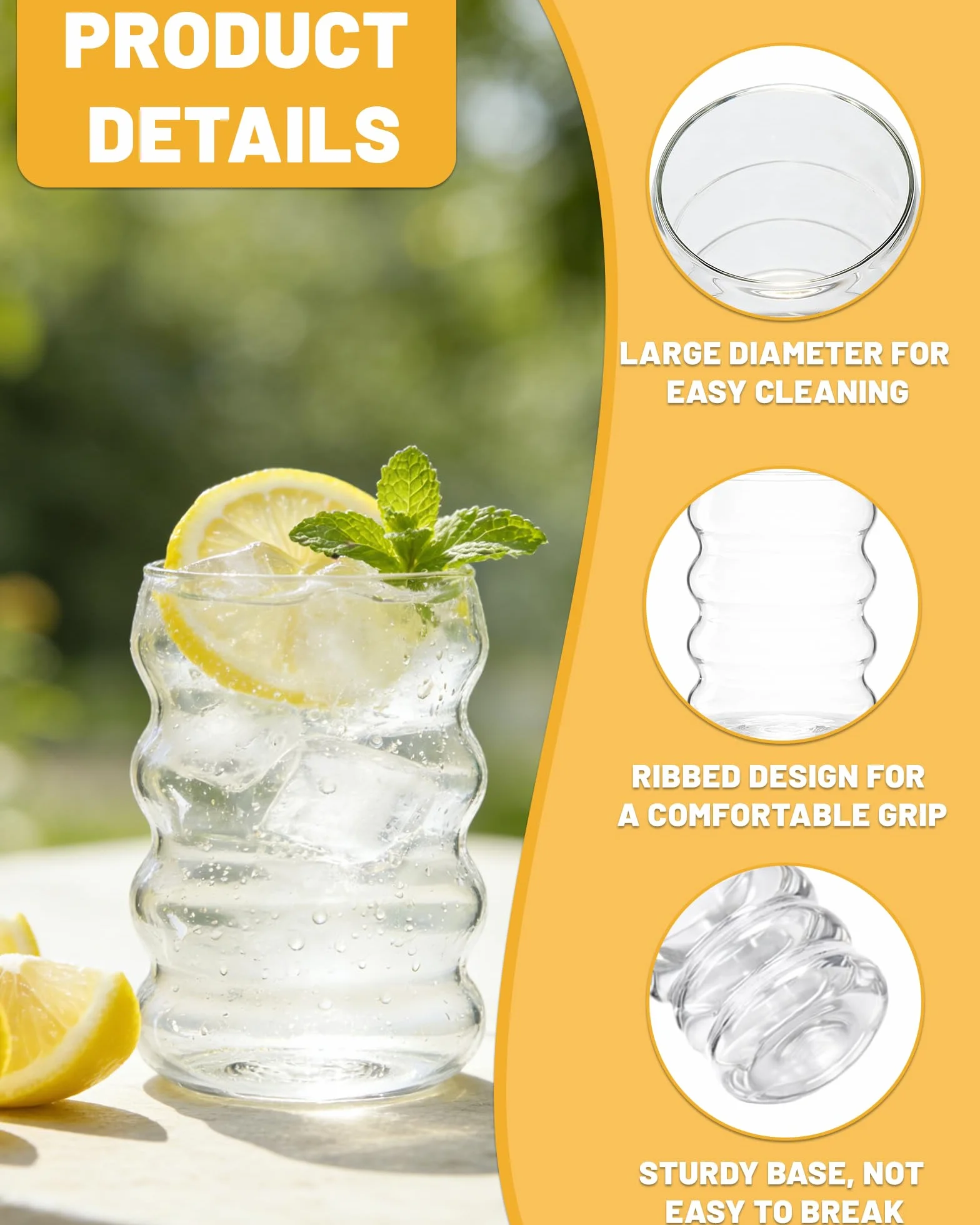 Zestaw 4 szklanek 350 ml z falistym wzorem i szklanymi słomkami – Bubble Glassy do koktajli, kawy mrożonej, wody i napojów gazowanych, z dołączoną szczotką
