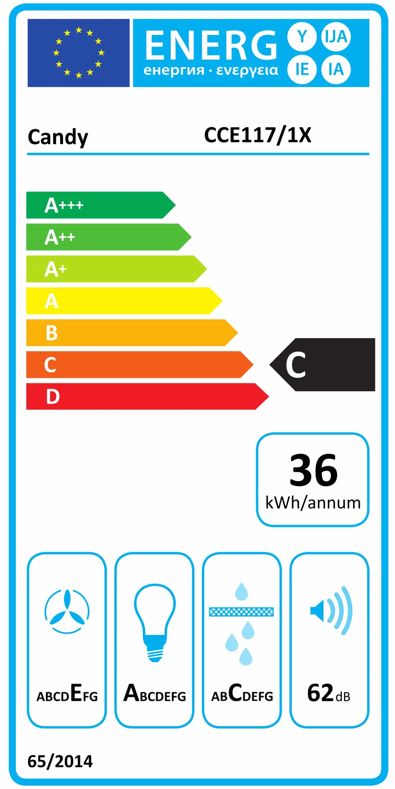 Candy CCE117/1X, okap kuchenny 70 CM, 3 poziomy mocy, 65W, 305M3/H, filtry węglowe, 2 panele przeciwtłuszczowe aluminium, oświetlenie LED, 56/62DB, klasa C, stal nierdzewna