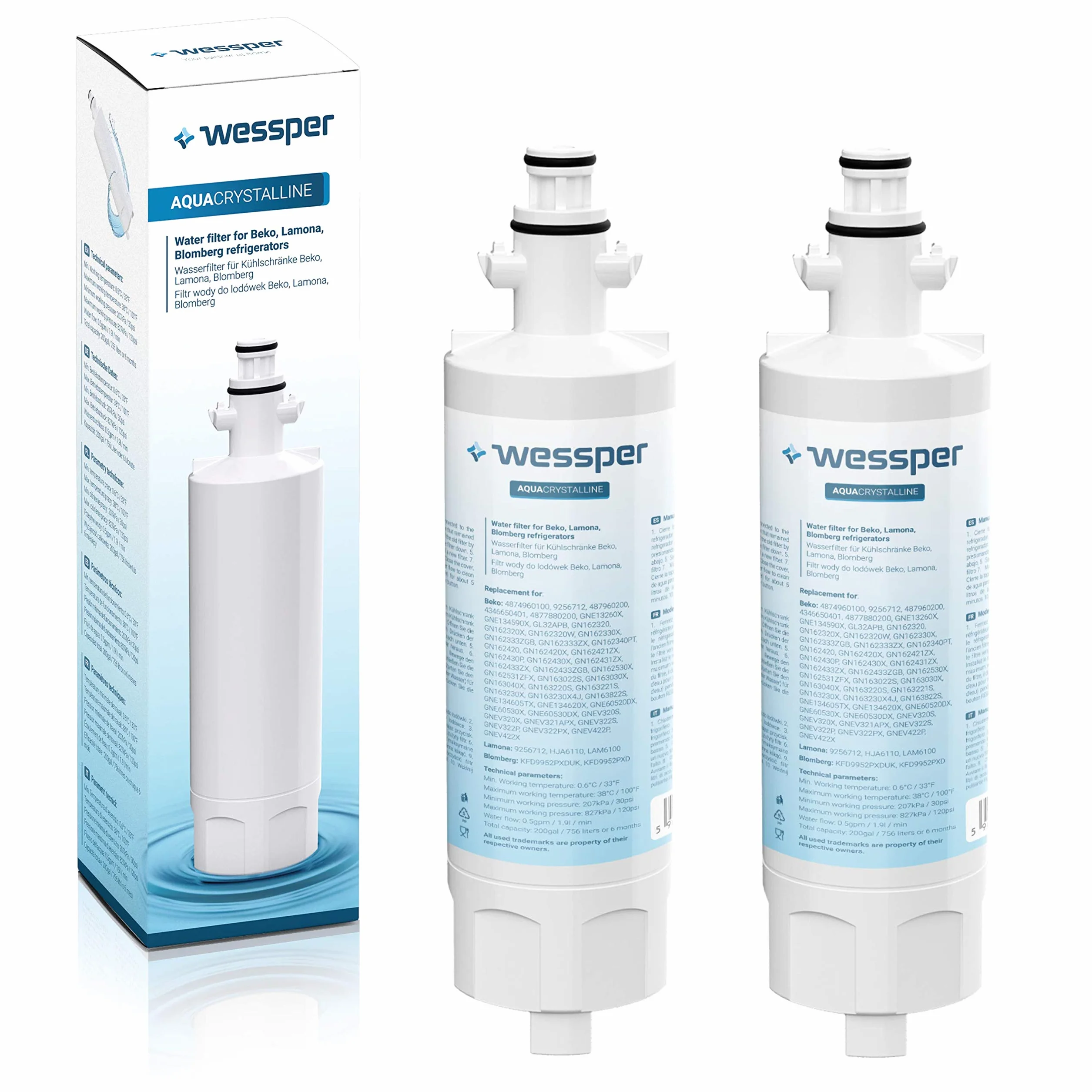 Wessper 2x 4874960100 Filtr Wody do Lodówek z Zamrażarką Kompatybilny z Beko 4874960100 4394650100, 9256712, SBS4K; Blomberg IWD1004ET, KFD9952PXDUK; Grundig 487960000; Lamona LAM6100 HJA6110