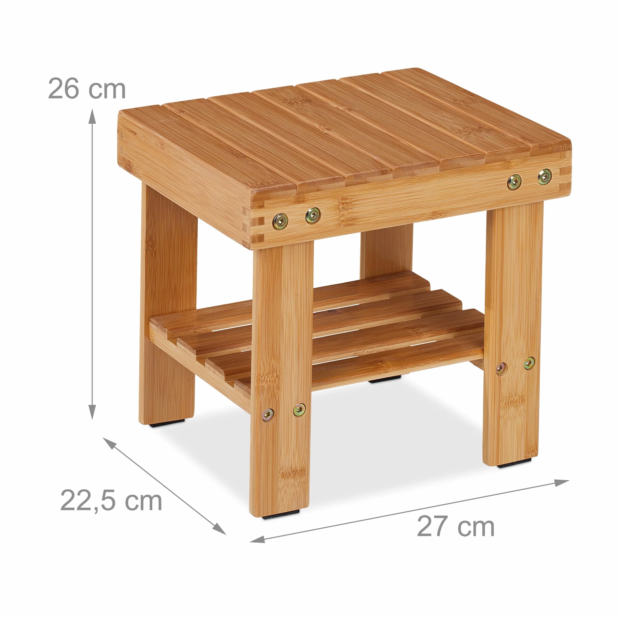 Relaxdays Taboret łazienkowy z bambusa, taboret do siedzenia z dodatkową półką, wys. x szer. x gł.: 26 x 27 x 22,5 cm, miejsce do przechowywania przedpokoju i łazienki, kolor naturalny
