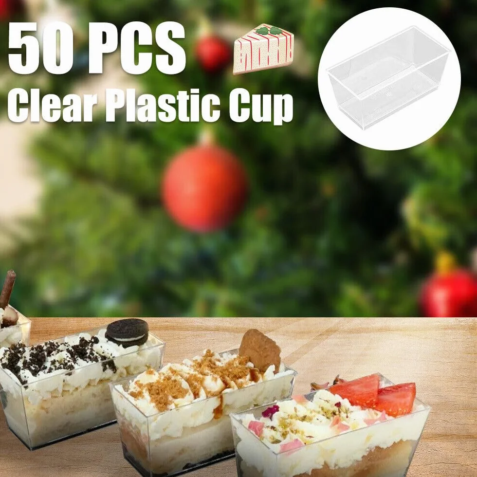 LATERN Plastikowe kubki deserowe, 140 ml, prostokątne, deserowe, przezroczyste, parfait, wielokrotnego użytku, miska do serwowania, na deser, pudding, mus, imprezę, 9,8 x 4,7 cm