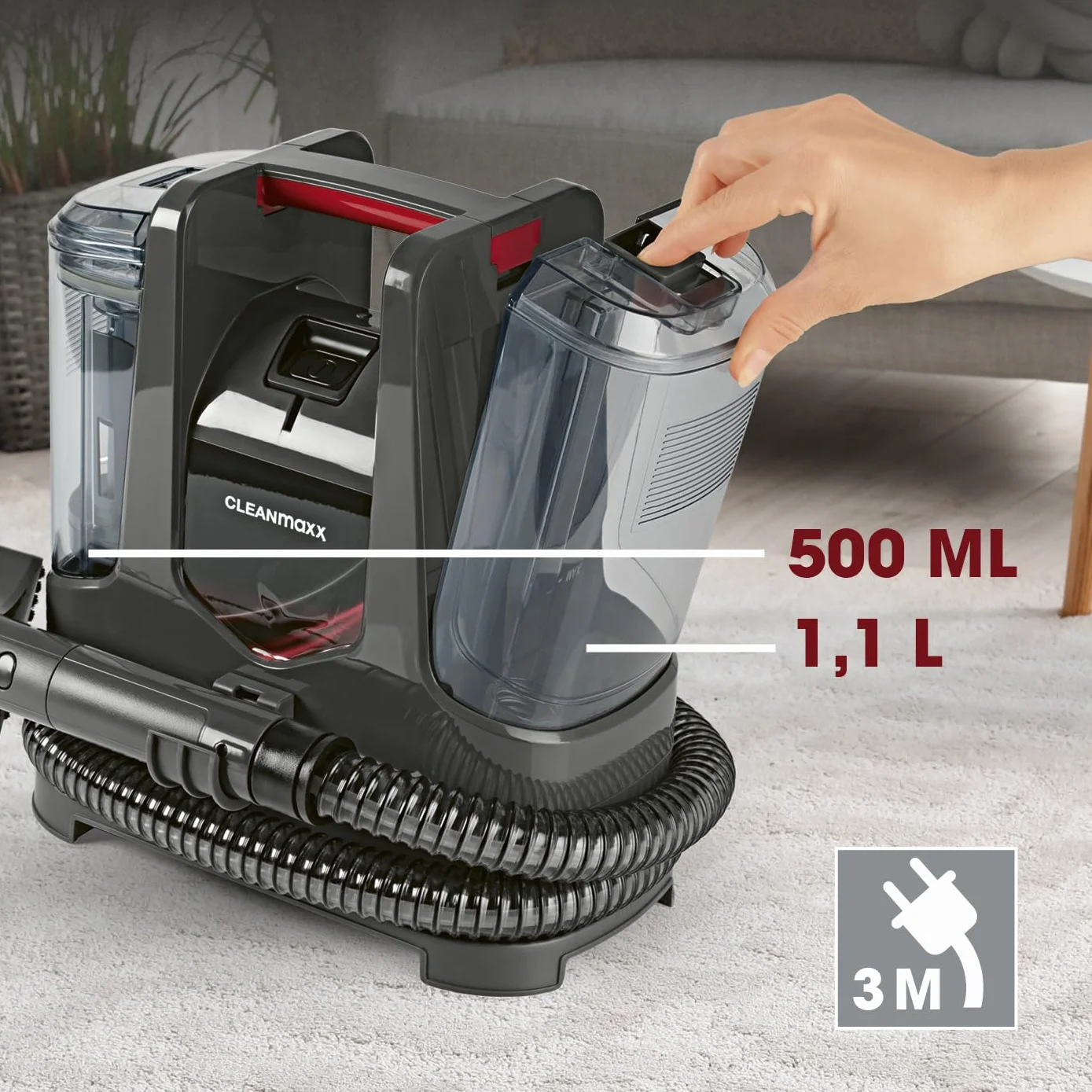 CLEANmaxx Środek do czyszczenia dywanów i tapicerki Compact Plus | odkurzacz do prania wraz z EASYmaxx środek do czyszczenia dywanów | odkurzacz na mokro i odkurzacz do prania, nadaje się do sofy