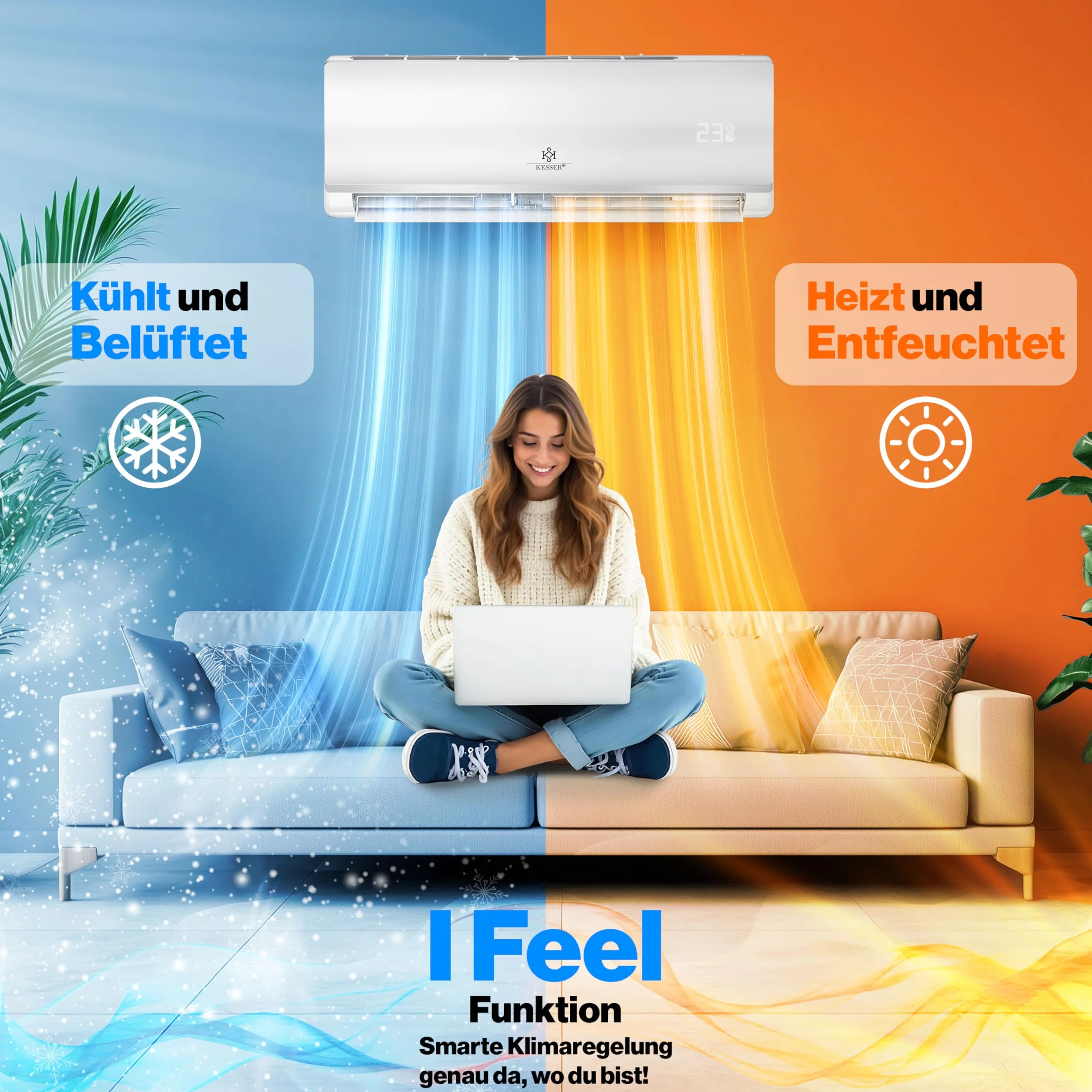 KESSER® Klimatyzator Split 12000 BTU – inteligentny klimatyzator, tryb ogrzewania i chłodzenia, klimatyzator ścienny z funkcją Wi-Fi/aplikacji, duża wydajność chłodzenia, osuszacz powietrza i