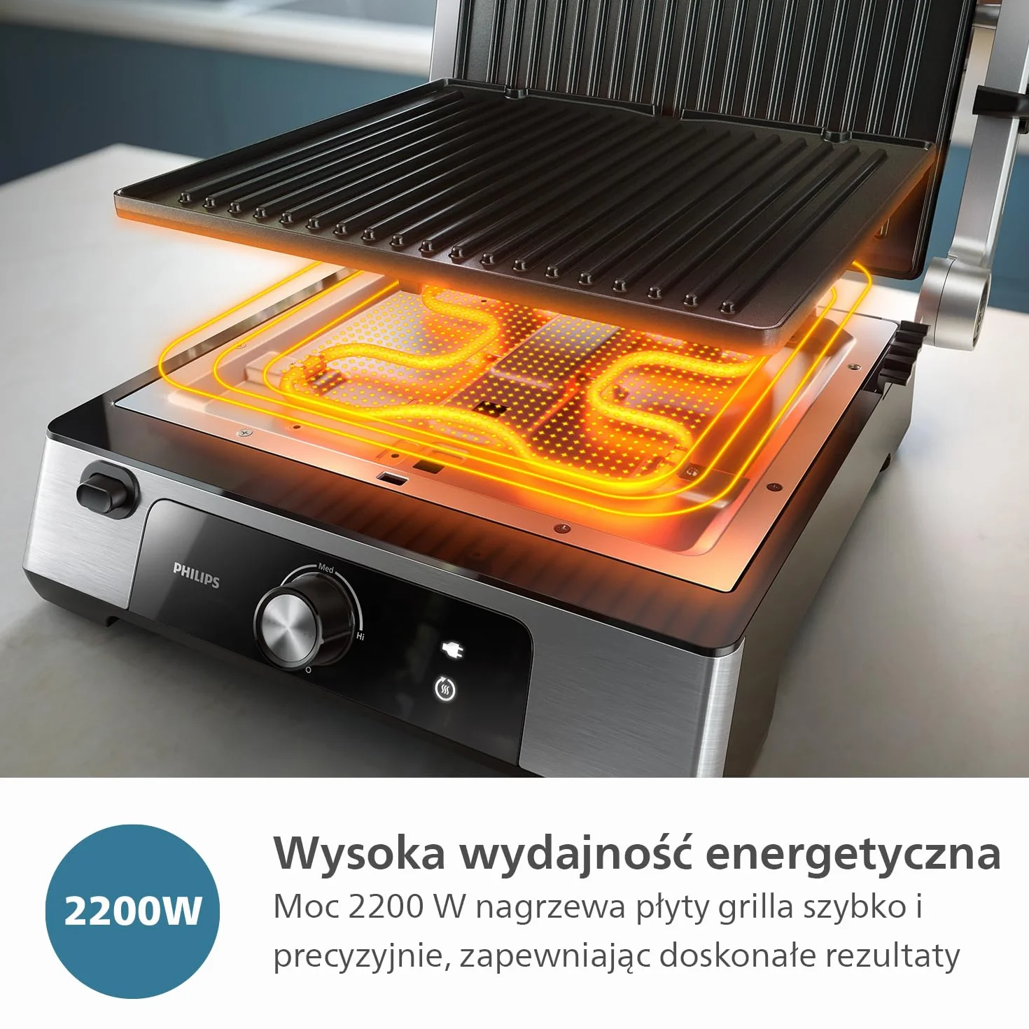 Philips Grill elektryczny - Regulowana temperatura. Duża powierzchnia grillowania i wysoka moc. Wyjmowane, nieprzywierające płytki i tacka na tłuszcz. (HD6301/90)