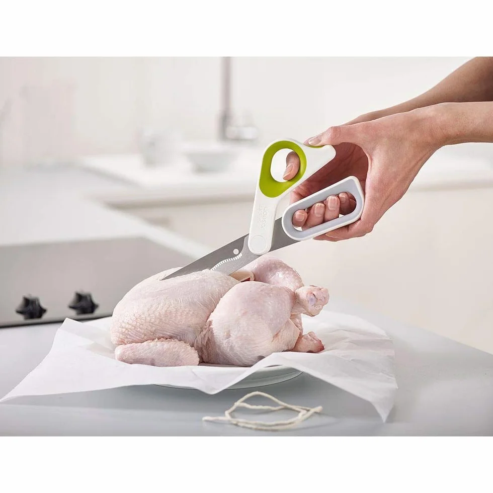 Joseph Joseph PowerGrip - wielofunkcyjne nożyczki kuchenne Durable z uchwytem na kciuk, ostrza ze stali nierdzewnej, ząbkowana krawędź, do mięsa, drobiu, pizzy, ziół - biały/zielony