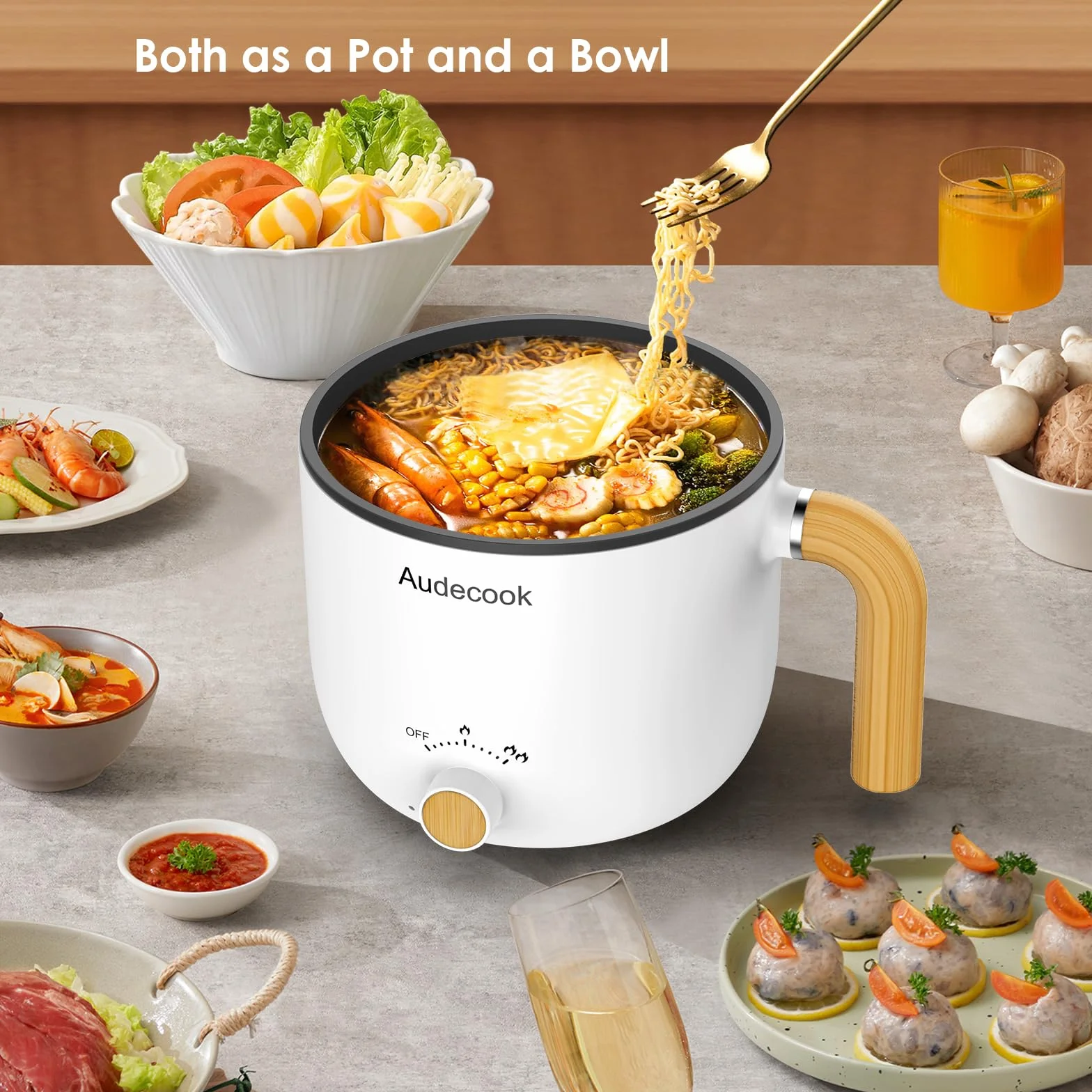 Audecook Elektryczny gorący garnek z parowarem, przenośna nieprzywierająca mini wielofunkcyjna kuchenka Shabu, patelnia elektryczna z podwójną regulacją mocy, do makaronu ramenowego, makaronu, jajek