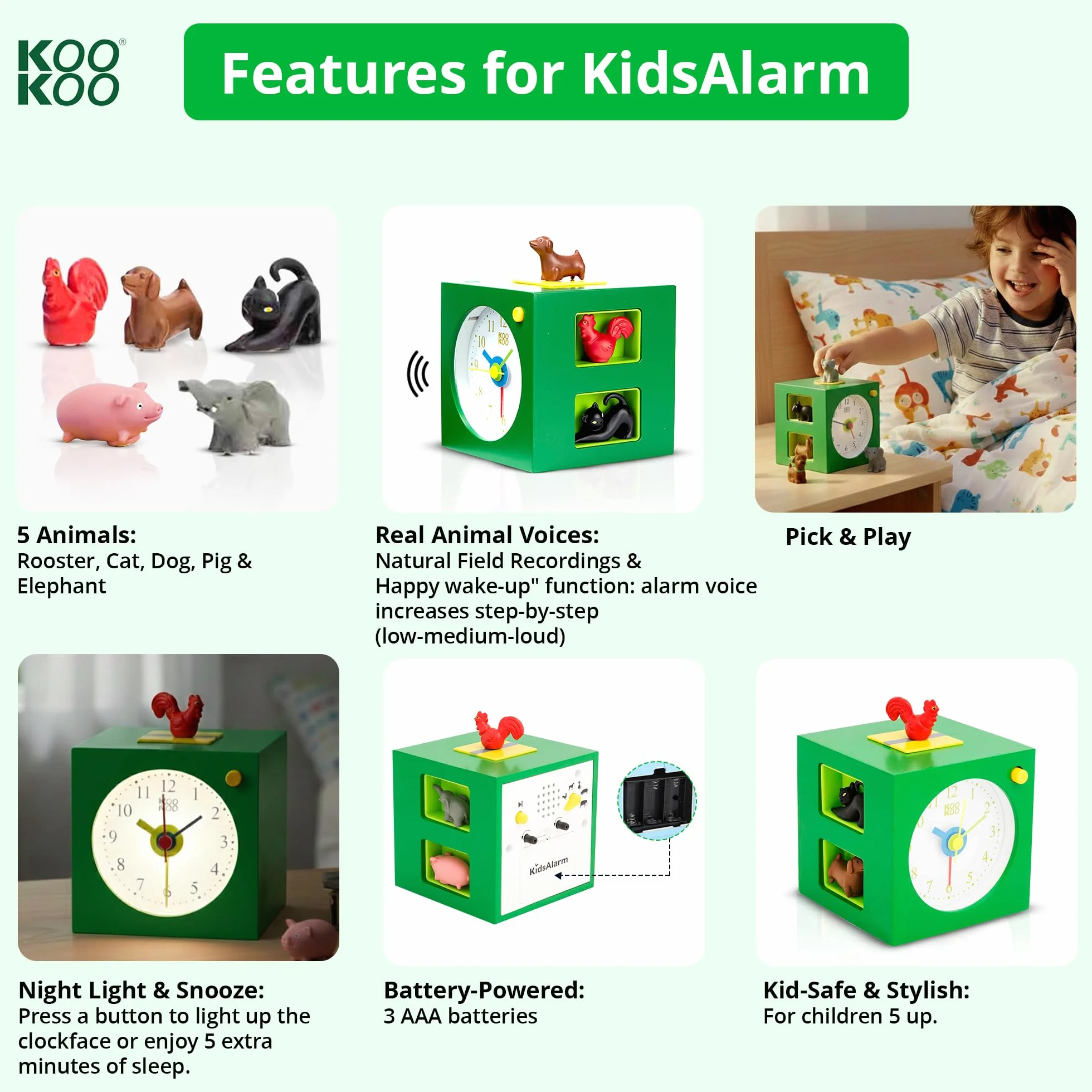 KOOKOO KidsAlarm zielony, budzik dziecięcy z 5 zwierzętami gospodarskimi i prawdziwymi zdjęciami