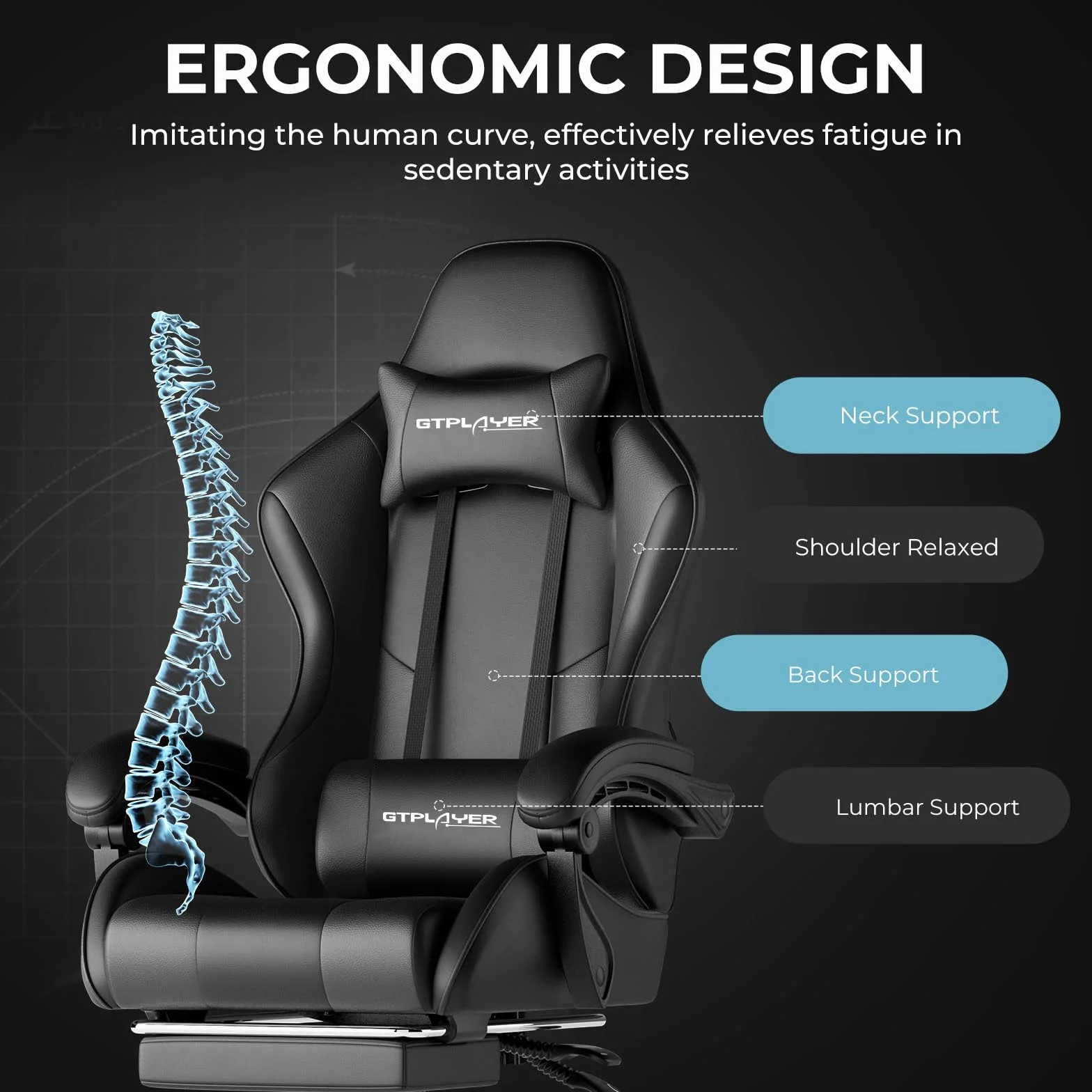LUCKRACER Fotel do gier, fotel gamingowy z masażem, ergonomiczne krzesło biurowe z podnóżkiem, 150 kg, siedzisko do gier, z zagłówkiem i wysuwanym podnóżkiem, czarny