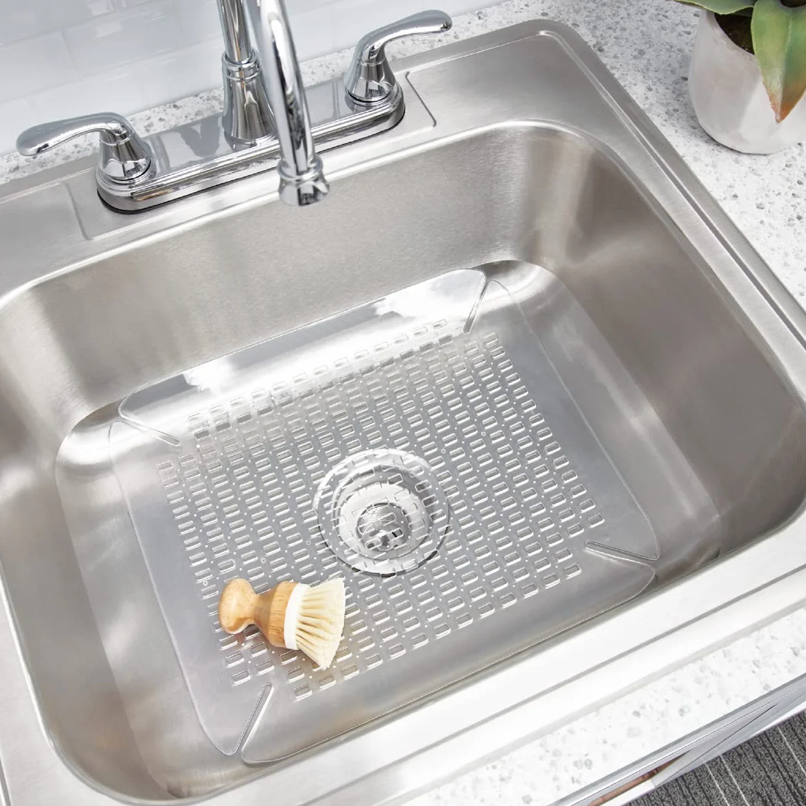 IDesign mata dolna zlewozmywkowa, duża plastikowa mata do mycia naczyń PVC do zlewu lub zlewu, mata zlewozmywkowa o strukturze siatkowej sprzyjającej przepływowi, przezroczysty