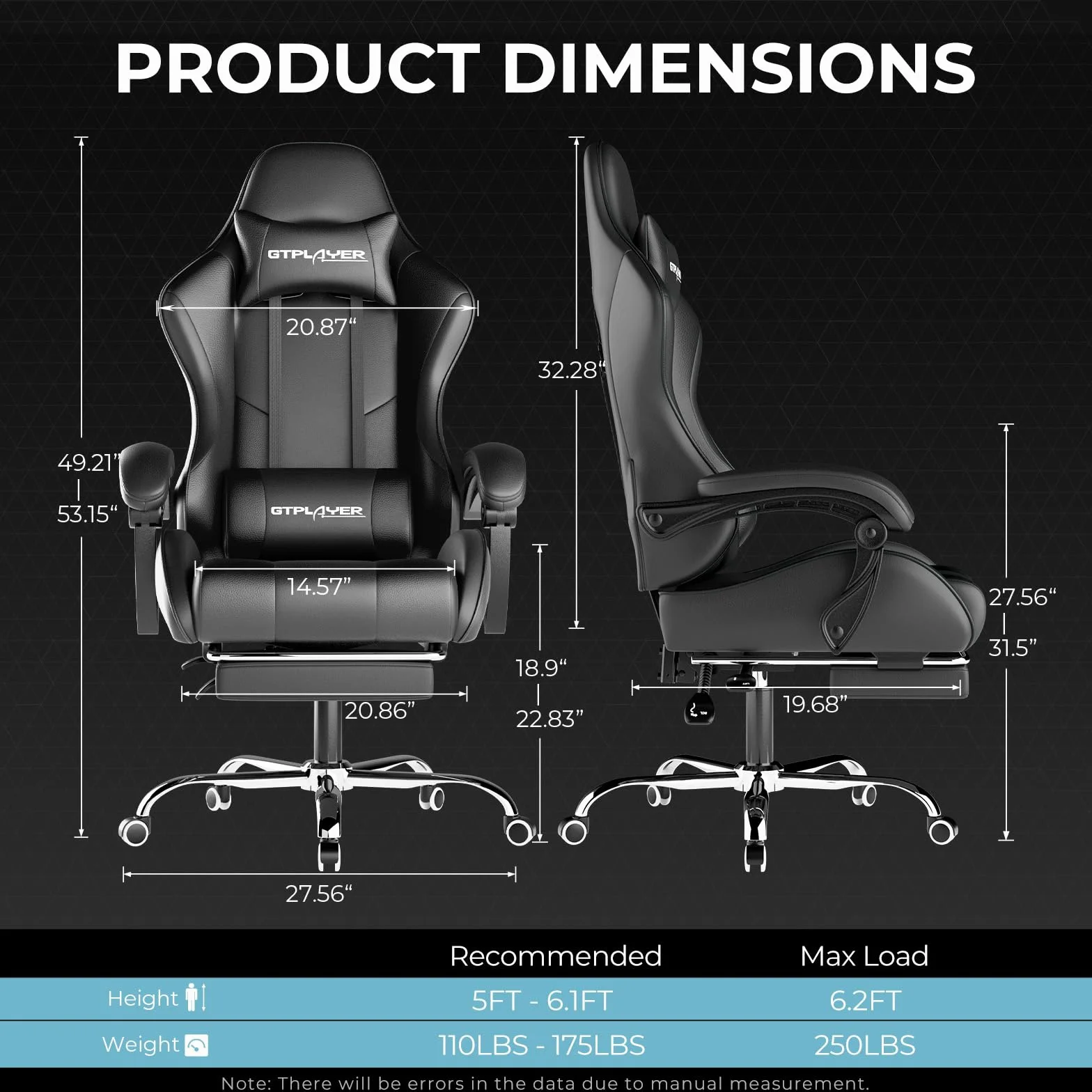 LUCKRACER Fotel do gier, fotel gamingowy z masażem, ergonomiczne krzesło biurowe z podnóżkiem, 150 kg, siedzisko do gier, z zagłówkiem i wysuwanym podnóżkiem, czarny