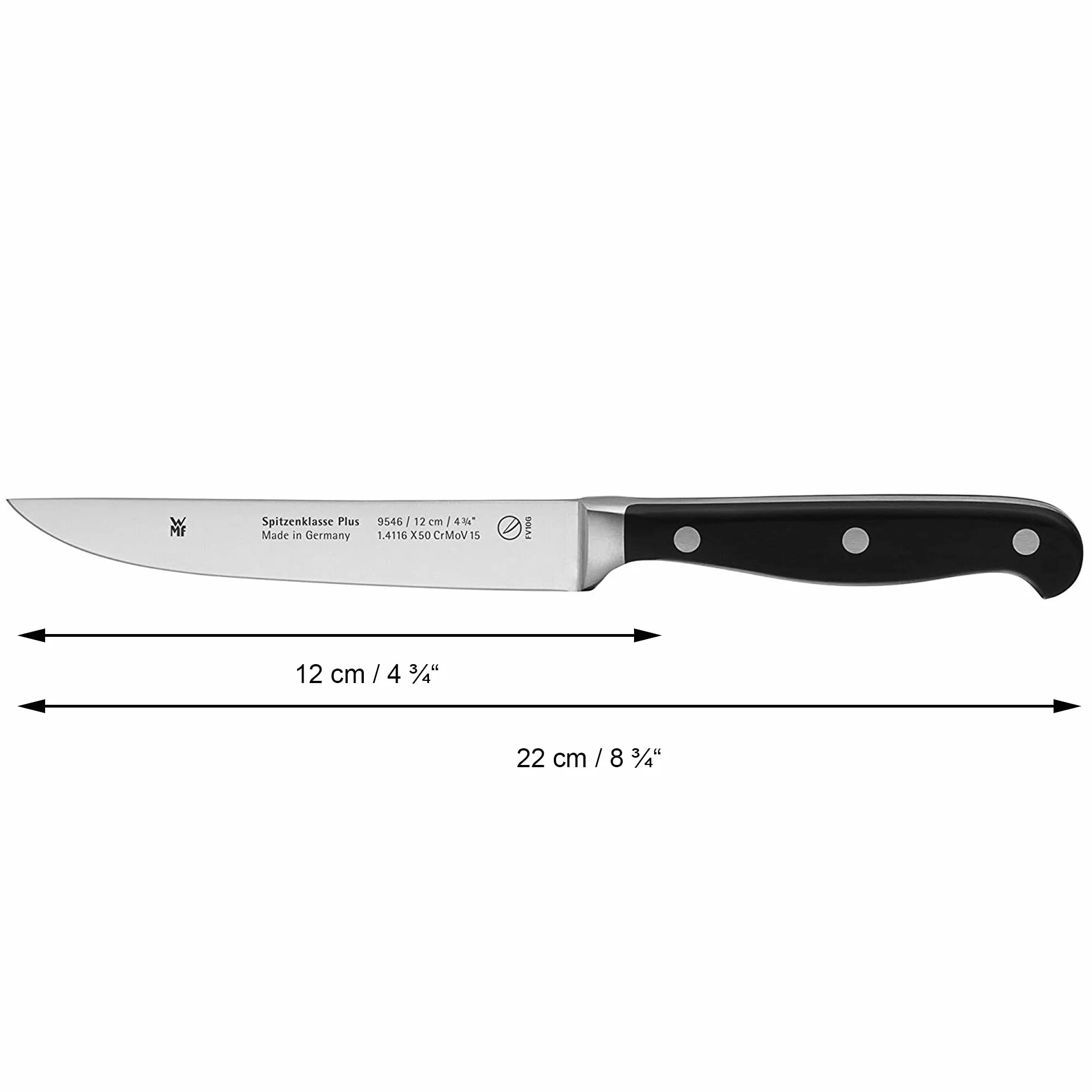 WMF nóż do steków Spitzenklasse Plus długość 22 cm długość ostrza 12 cm ząbkowane krawędzie wydajność cięcia wyprodukowano w Niemczech kuty specjalne ostrze stal bezszwowo nitowany plastikowy uchwyt