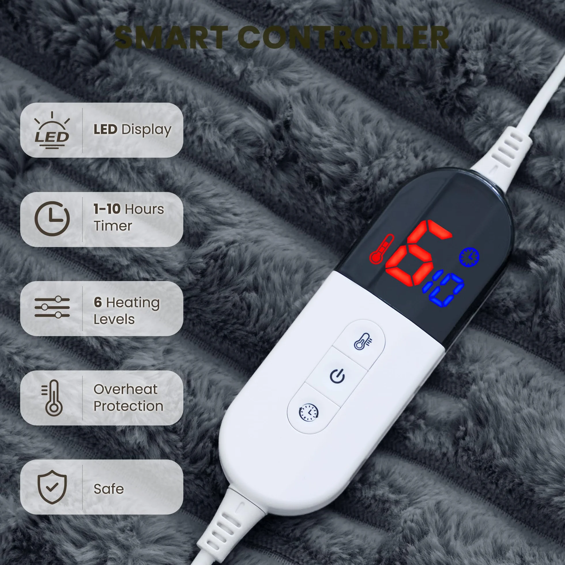 Koc Grzewczy Elektryczny 130x180cm, Struktura Bambus Polar Króliczy i Flanela, 6 Poziomów Grzania & Auto-Wył 1-10H, Prany Koc Termiczny do Łóżka Kanapy Biura (Szary)