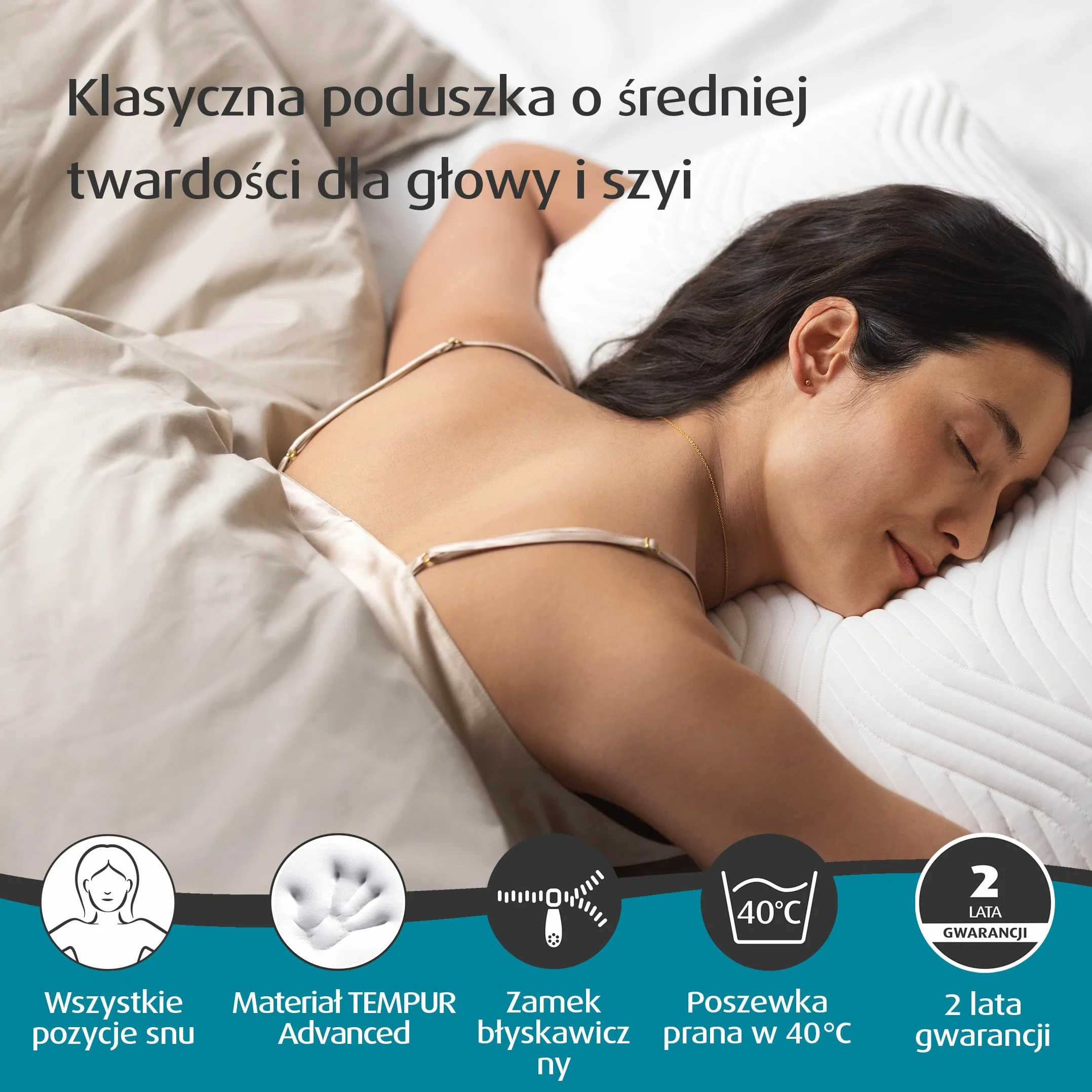 TEMPUR Poduszka do spania Comfort Medium, klasyczna ergonomiczna poduszka do spania na plecach, boku i brzuchu, pokrowiec nadający się do prania, OEKO-TEX MADE IN GREEN, 40 x 80 cm
