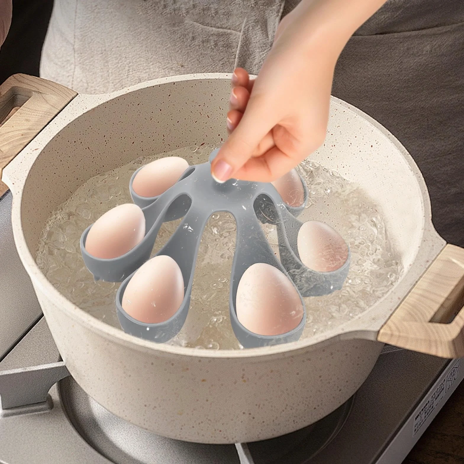 Silicone Egg Boiler Rack, pojemnik na jajka, gotowanie na parze, akcesoria do gotowania na parze, 6 komór, silikonowa taca na jajka, gadżet, szary