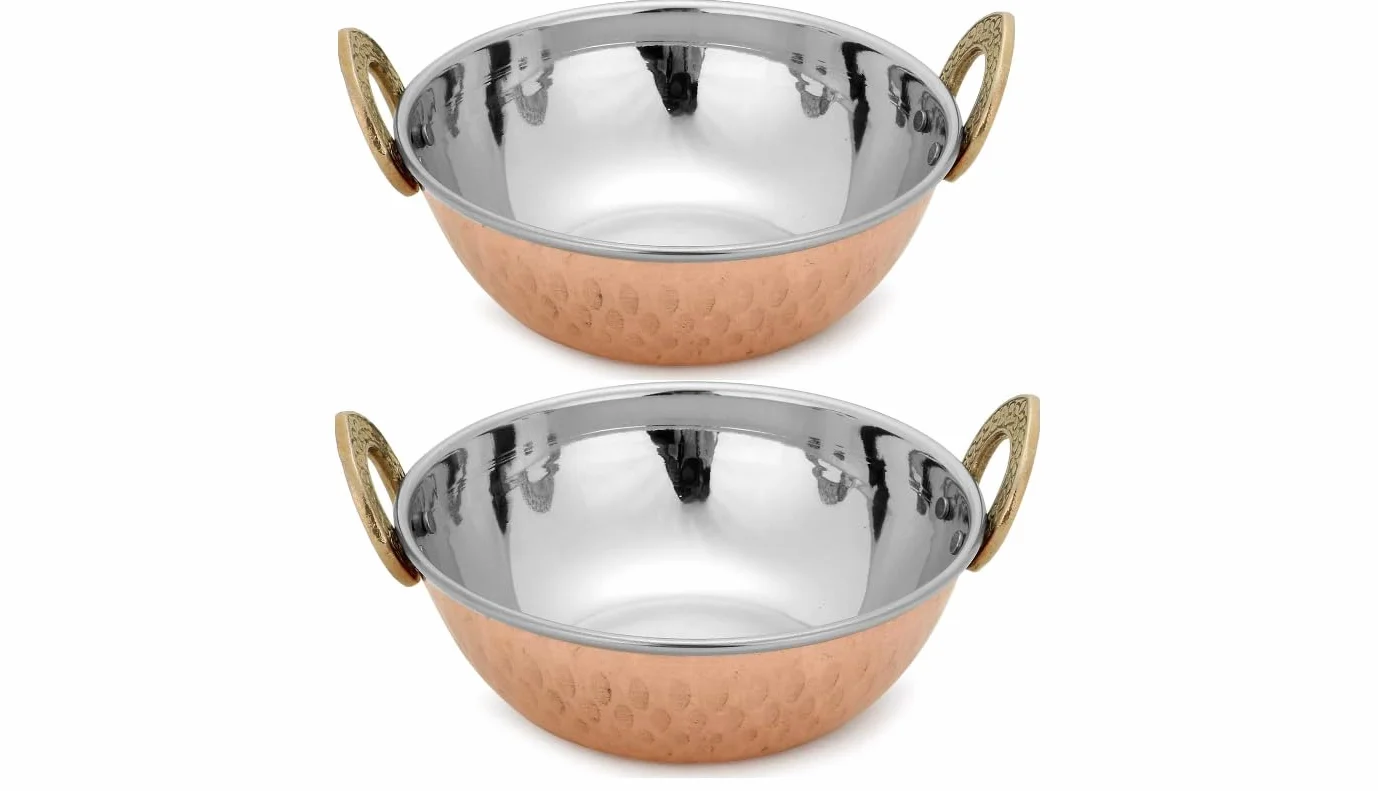 Zap Impex Indyjskie naczynie do serwowania miedziane młotkowane karahi ze stali nierdzewnej do serwowania indyjskich naczyń z curry 2-częściowy zestaw, średnica 13 cm