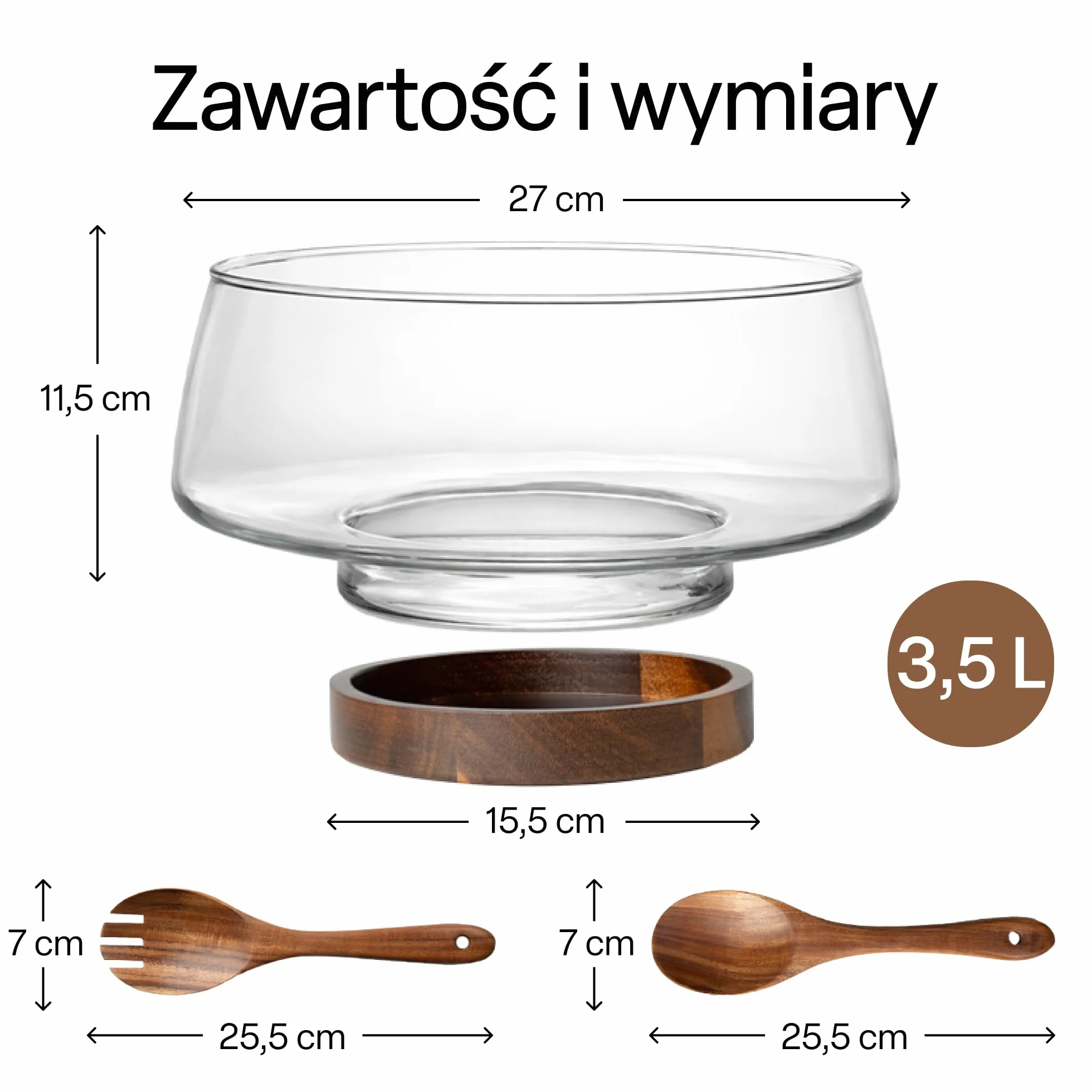 MIAMIO Duża Szklana Miska do Sałatki 3,5L z Drewnianą Podstawą Akacjową