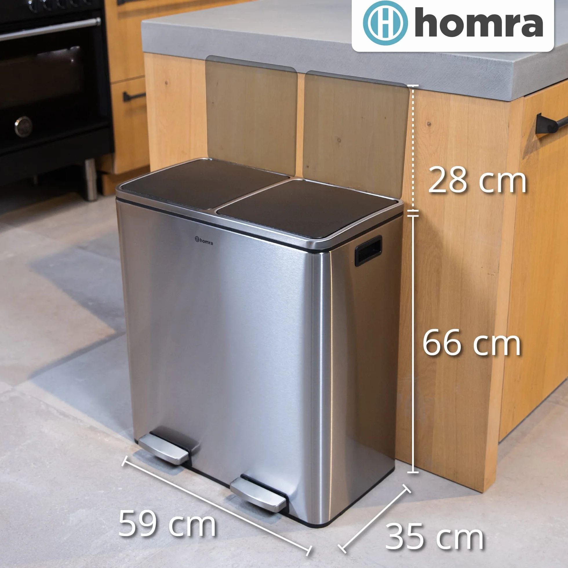 Homra Kosz na śmieci 60 litrów Quickx | Kosz na śmieci Tri Selective 2 Tace 2x30l | Kosz na śmiec z dwoma komorami | Kosz na śmeci z wewnętrznymi wiaderkami | Pojemnik na śmieci | Stal nierdzewna