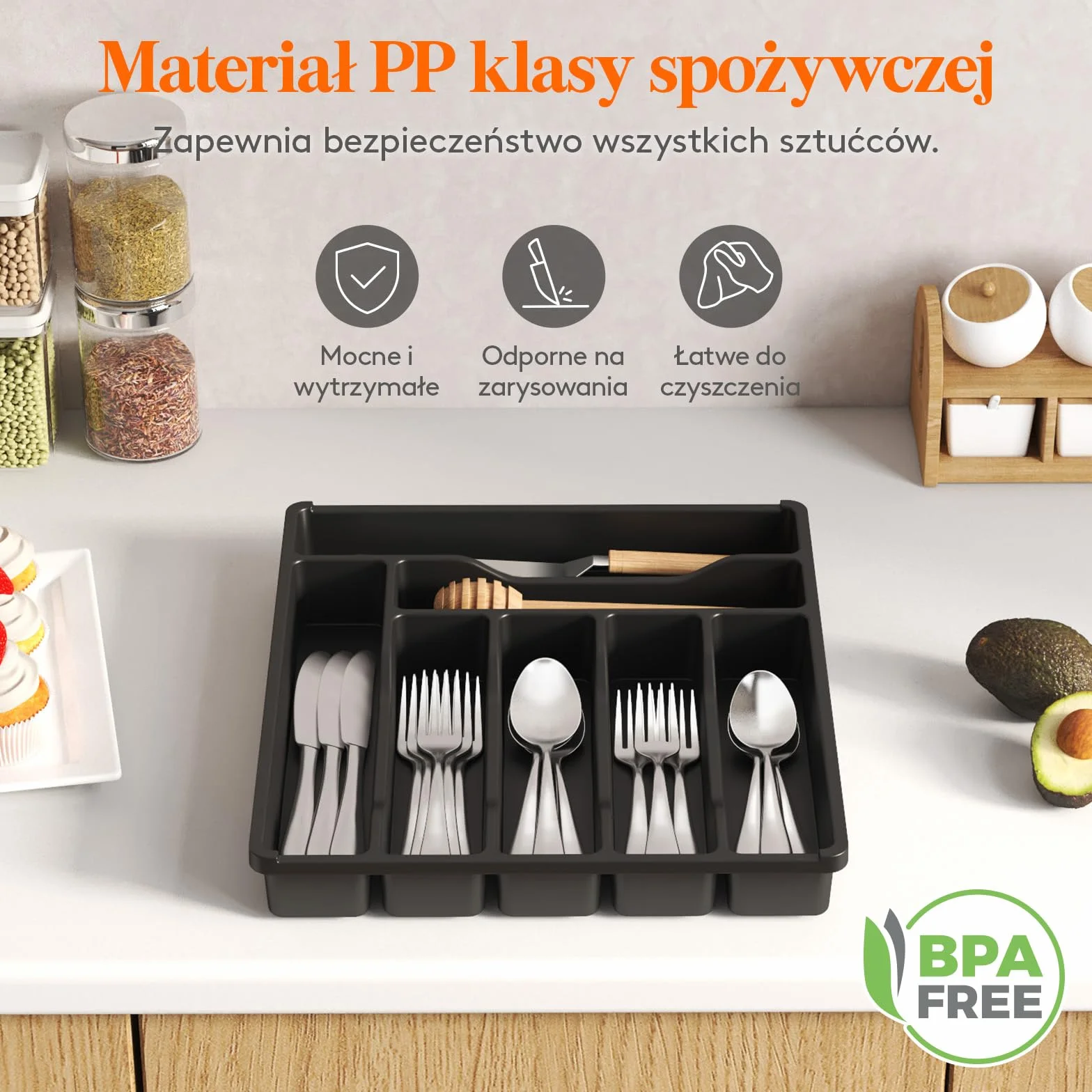 Lifewit Organizer do Szuflady na Sztućce, Plastikowa Taca na Sztućce do Szuflady Kuchennej, Uchwyt z Przegrodami na Łyżki, Widelce i Noże, 7 Przegródek, Czarny