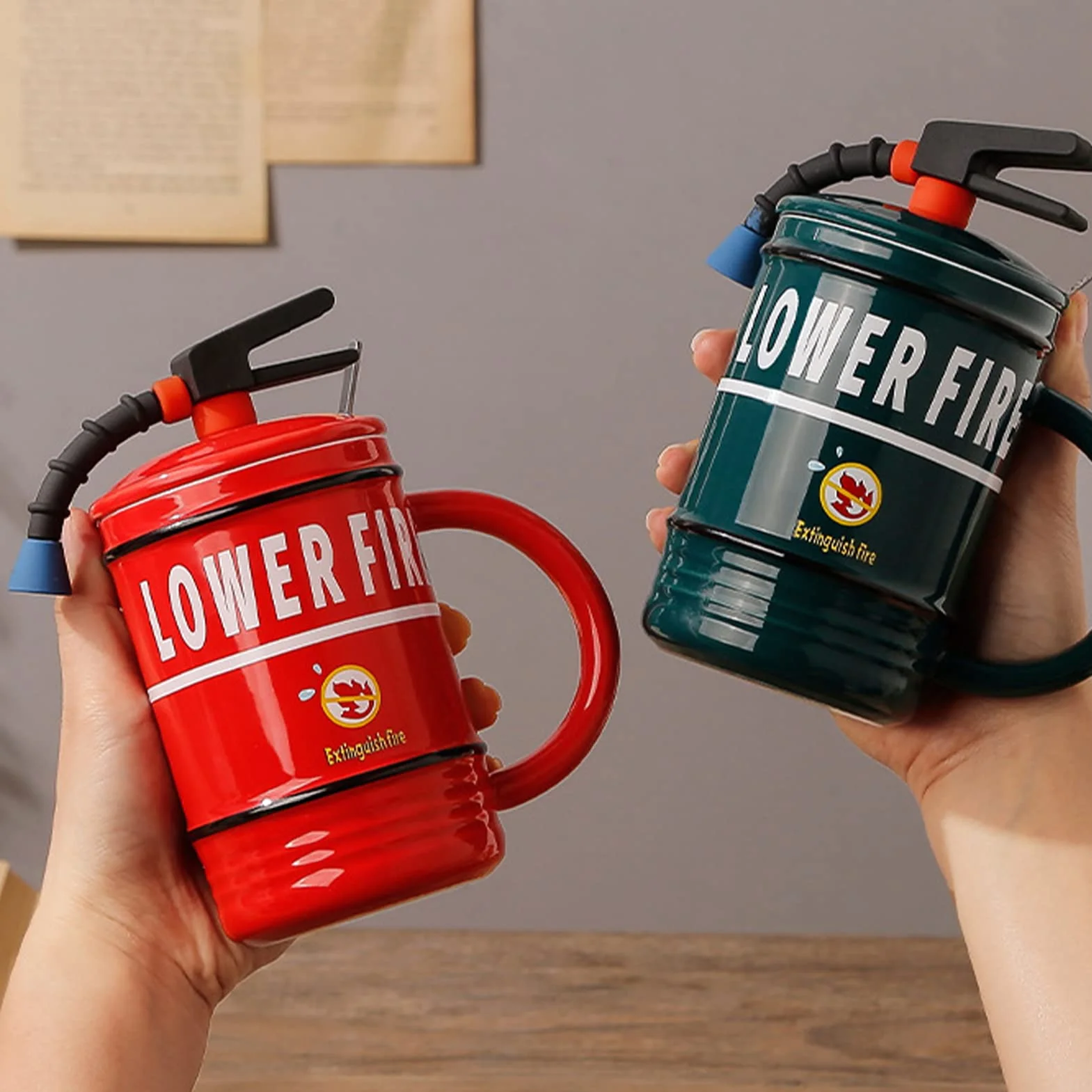 Filiżanka z gaśnicą, spersonalizowana, ceramiczna filiżanka do kawy z pokrywką i łyżeczką, zabawny kubek do cappuccino, kreatywne filiżanki 3D, filiżanki do herbaty, na napoje, kubek na wodę, prezent