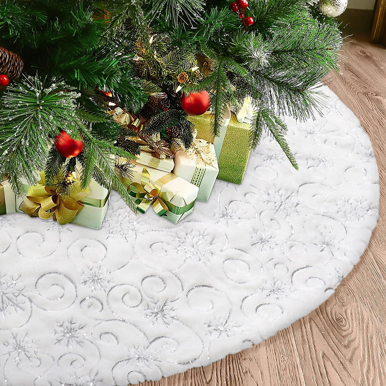 Dremisland Duża spódnica choinkowa, 90 cm, biały i srebrny, pluszowy dywanik pod choinkę, cekiny, płatki śniegu, stojak na choinkę, okrągły dywanik pod choinkę, mata do domu, na uroczystości