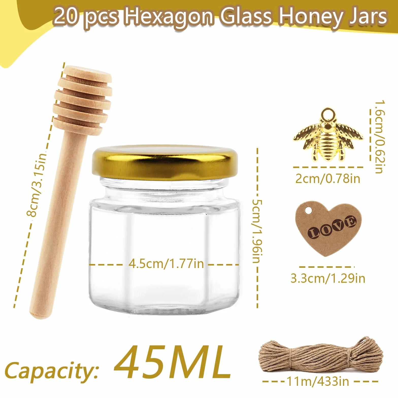 20pcs 45ml Mini sześciokątne słoiki z miodem z drewnianymi łyżkami, miód szklane słoiki z pokrywką, wisiorki pszczół, etykiety z papieru pakowego, mini słoiki ślubne prezenty gościnne, baby shower
