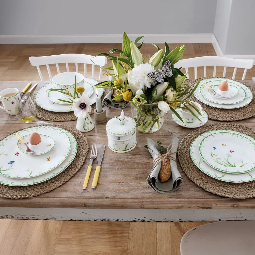 Villeroy & Boch Colourful Spring 18-częściowy serwis do kawy, talerze śniadaniowe (21,5 cm) i filiżanki do kawy ze spodkami (160 ml), dekoracja motyli i kwiatów, porcelana premium, kolorowy