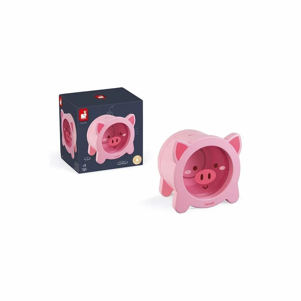 Janod Wooden Children’s Piggy Bank 5.9 inch See-Through Side Magnetic Opening Ages 3+