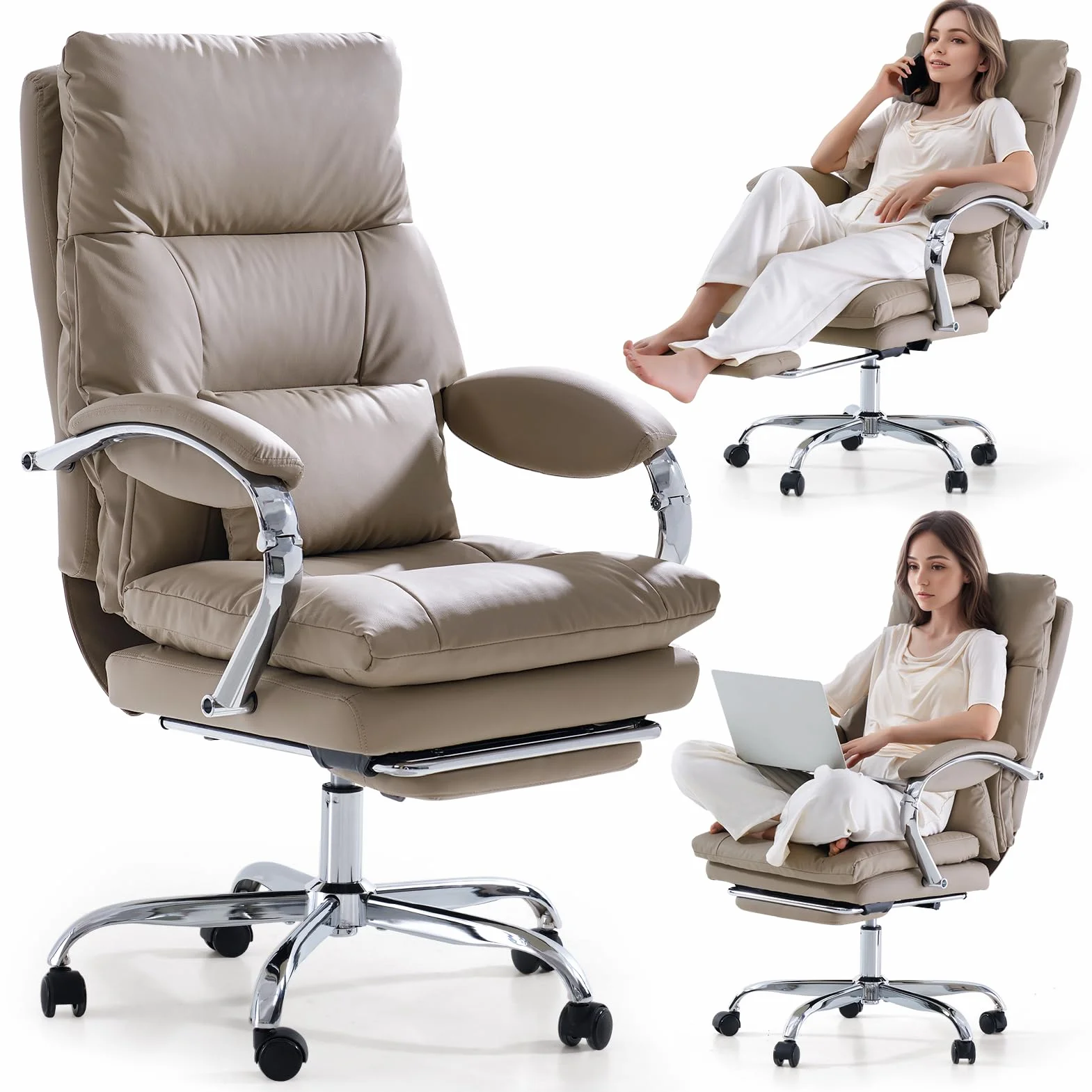 EMIAH Krzesło biurowe z podnóżkiem, wygodne krzesło do biurka ze skrzyżowanymi nogami i podłokietnikami, ergonomiczny fotel szefa ze skóry PU z kółkami, krzesło gamingowe z pogrubioną poduszką, khaki