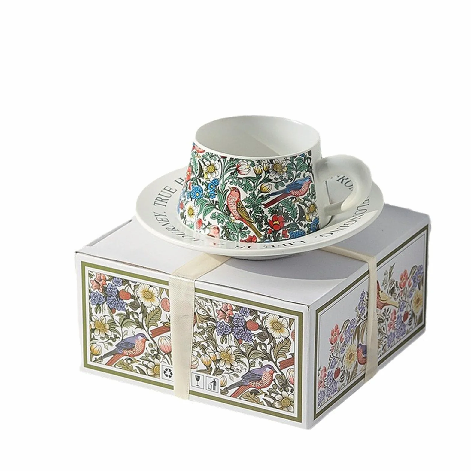 Zestaw czarnych filiżanek do cappuccino, 260 ml, szklanki do latte macchiato, filiżanki do kawy z porcelany z uchwytem, motywy kwiatów i ptaków, 1 sztuka