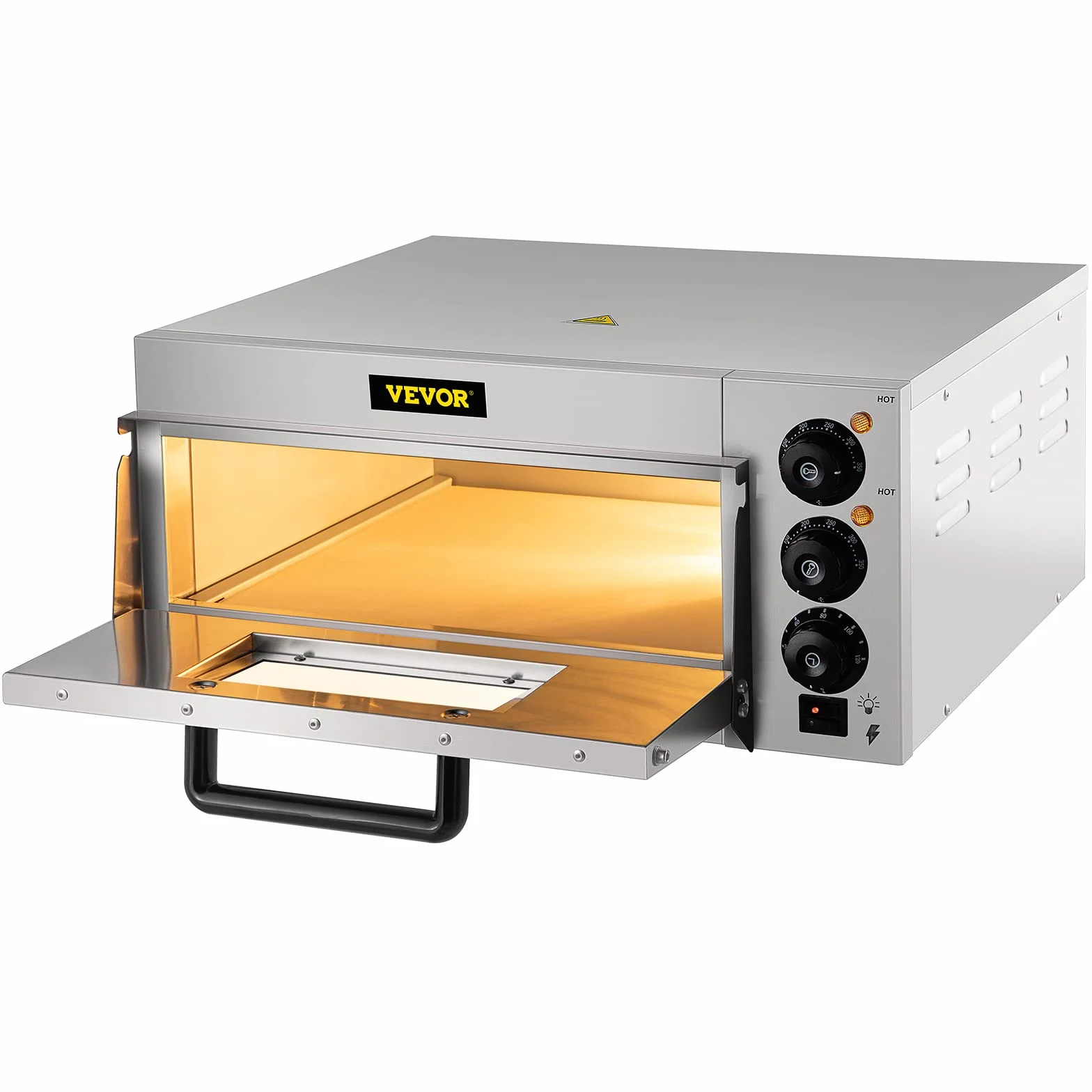 VEVOR Elektryczny piec do pizzy na desery, mięso, ryby, jednokomorowy 2000W, oświetlenie wewnętrzne, piekarnik elektryczny z regulacją temperatury 50-350 ℃ Kamień do pizzy o średnicy 14 cali, Srebrny