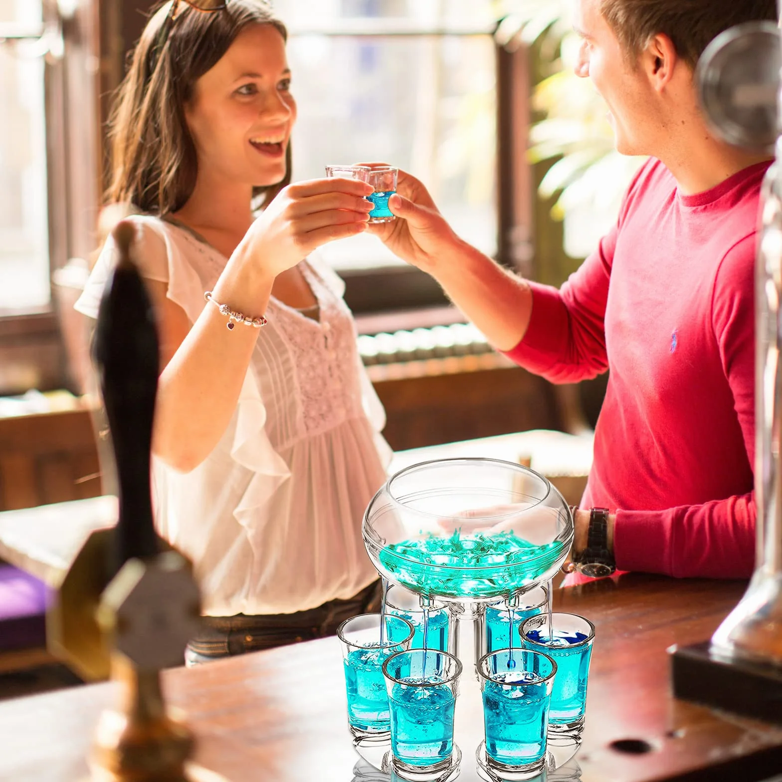 Dozownik do kieliszków z 6 kieliszkami 45 ml, zestaw, imprezowy, akrylowy, do soków, alkoholi, cydru, whisky, ginu, koktajli, zabawne akcesoria barowe i domowe, przezroczysty