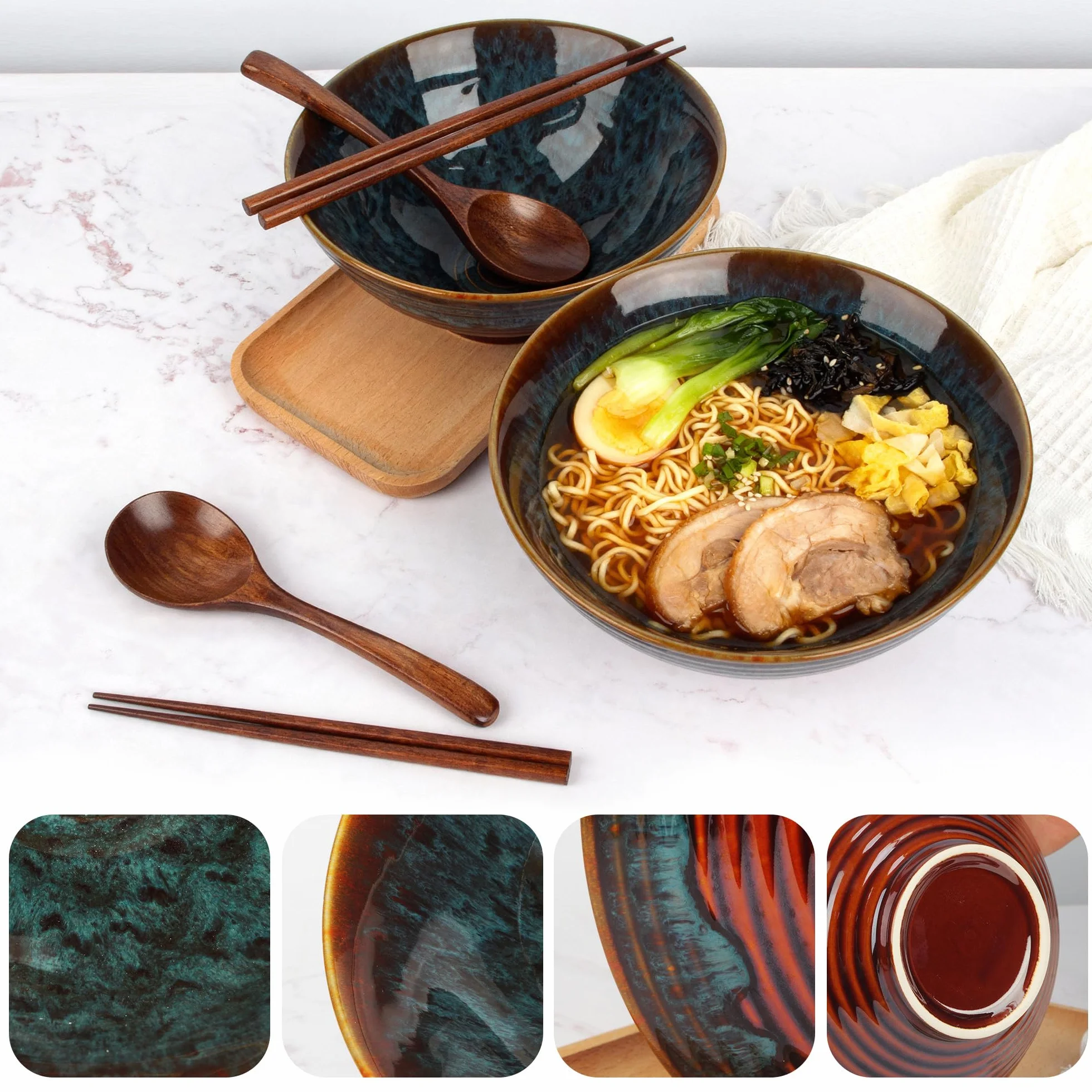 2 x 1200ml Zestaw Misek Ramen z Ceramiki z Pałeczkami i Łyżkami, 20cm Miska Bowl Do Zupy dla Ramen Bowl, Zestaw Ramen, Miska Ramen Duża, Bowl Miska, Zestaw Misek Kuchennych