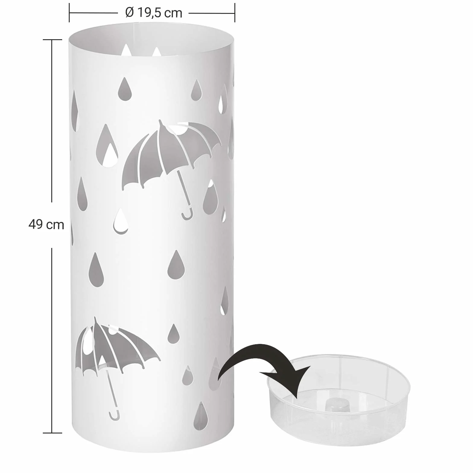 Songmics LUC23W stojak na parasole, z metalu, okrągły stojak na parasole, wyjmowany pojemnik na wodę, z haczykami, 49 x Ø 19,5 cm, biały