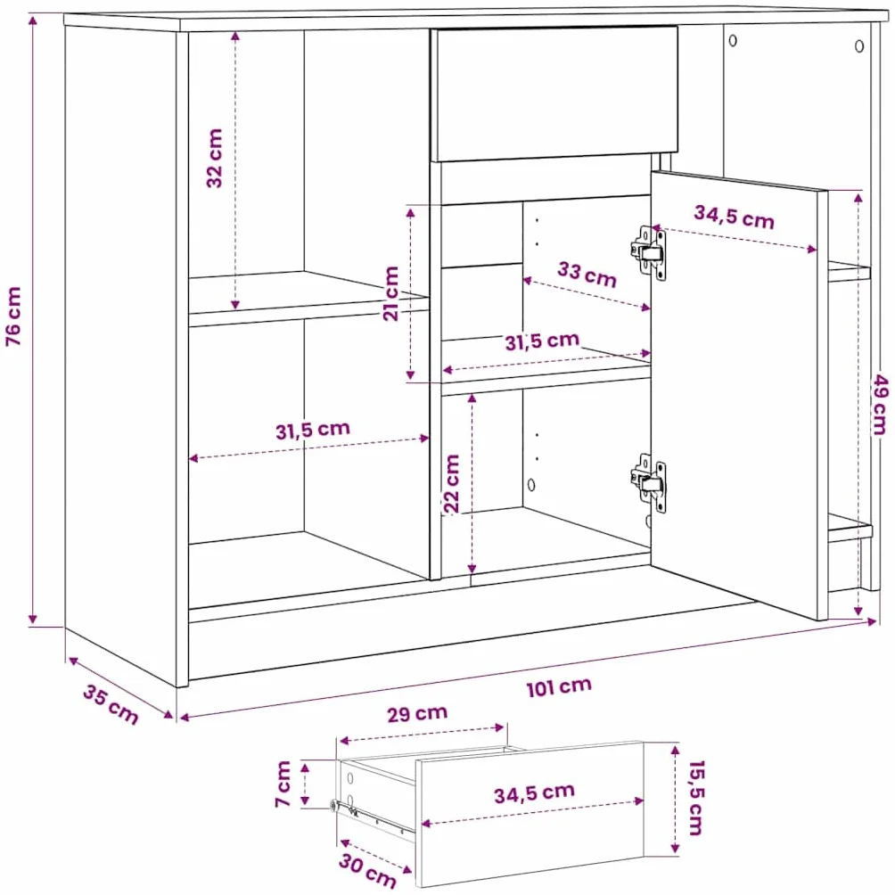 vidaXL Komoda z szufladą Brązowy dąb 101x35x76 cm Drewno klejone, szafka do przechowywania, szafka kredensowa, szafka w przedpokoju, szafka bufetowa