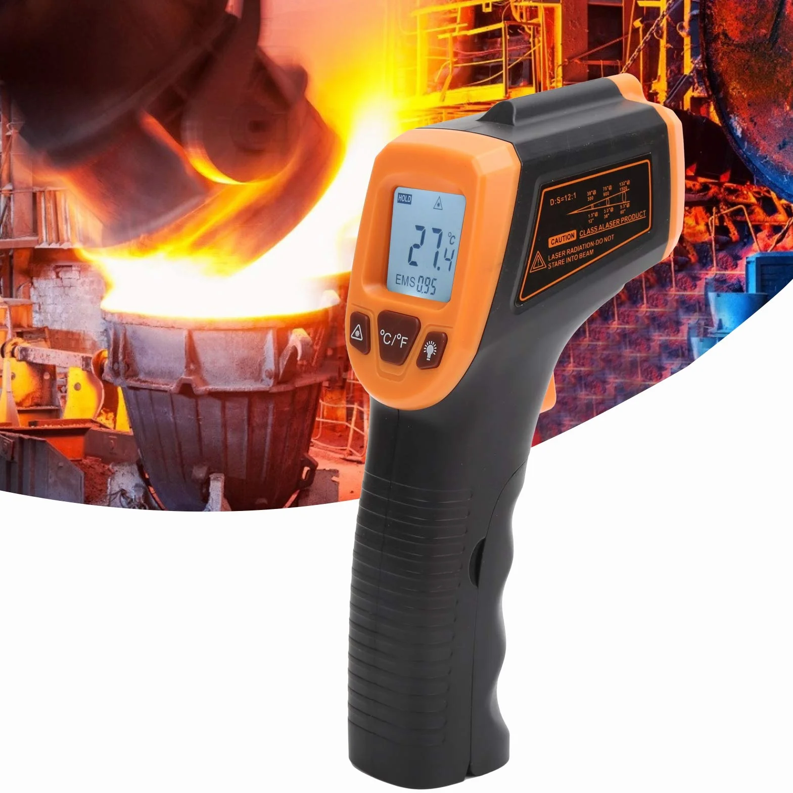 Termometr na Podczerwień, GM320S Laserowy Termometr na Podczerwień Temp Gun Bezdotykowy Termometr Cyfrowy z Wyświetlaczem LCD do Gotowania w Piecu do Pizzy Grill Kuchnia(Pomarańczowy)