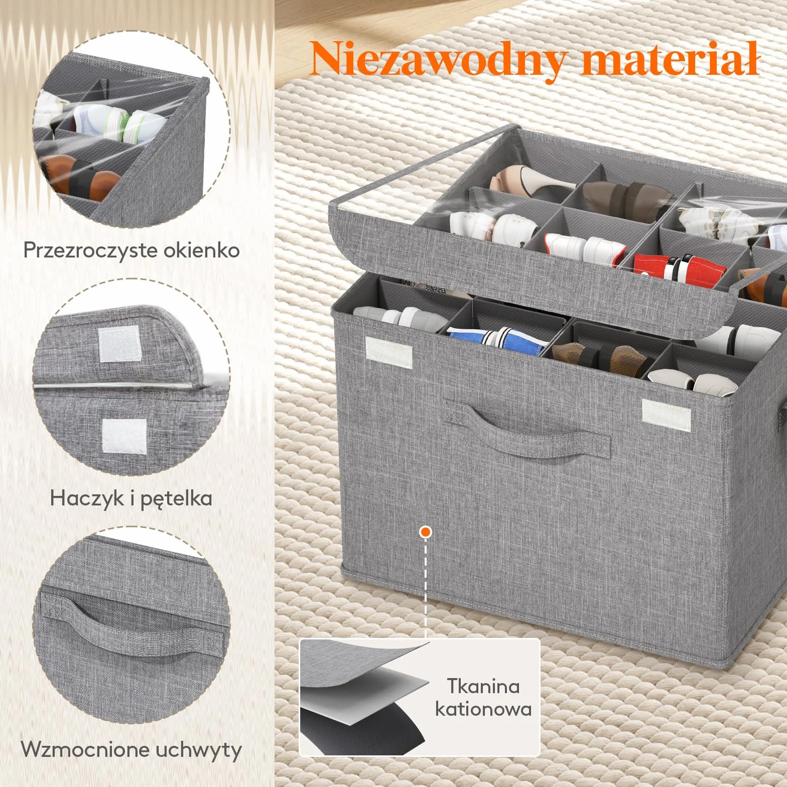 Lifewit Organizer na buty do szafy, regulowane przegródki, przezroczyste pudełko na 16 par, składane, jasnoszary