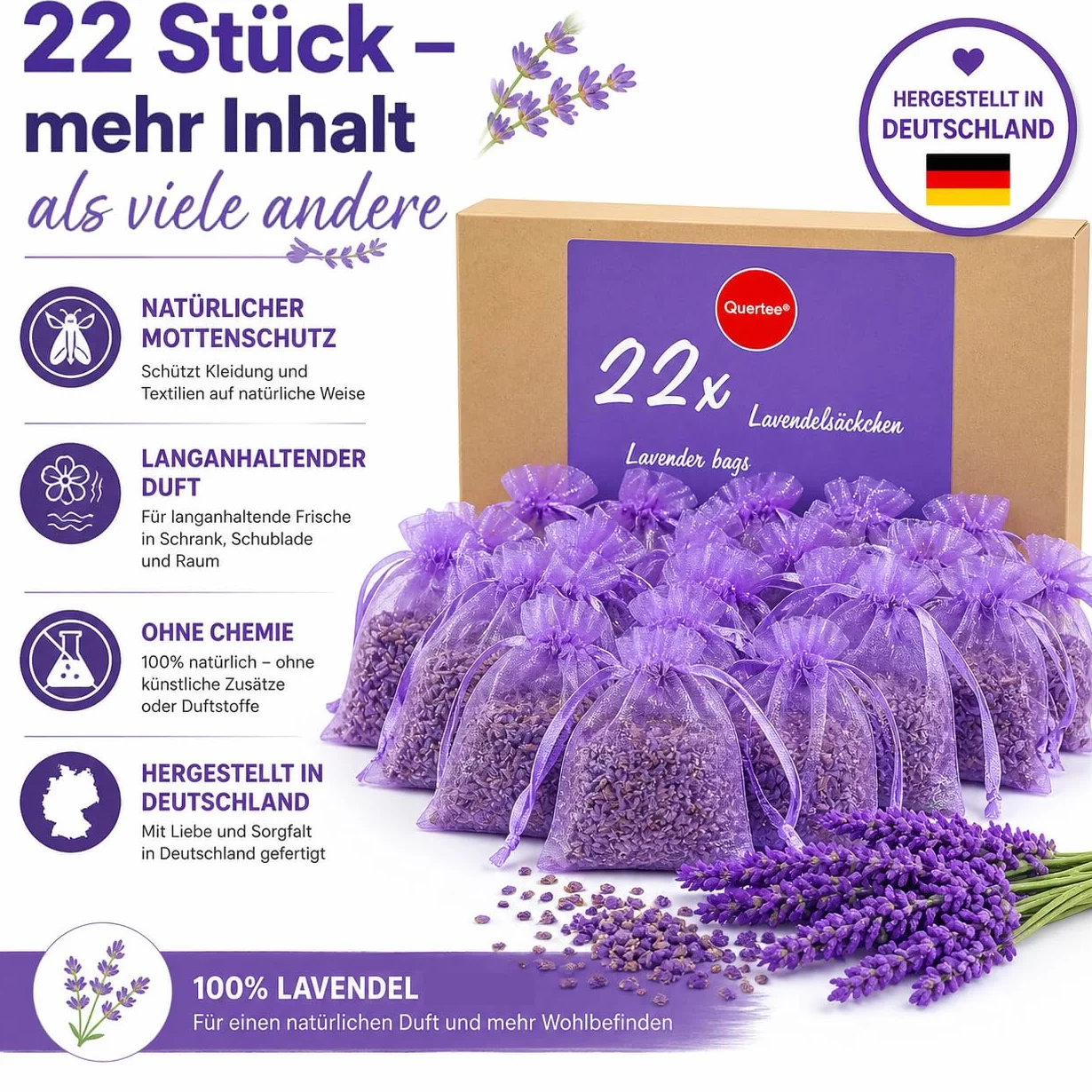 Quertee 22 x 6 g saszetka lawendowa jako saszetka zapachowa z pachnącą lawendą - ochrona przed molem w szafce - lawenda do spania i relaksu
