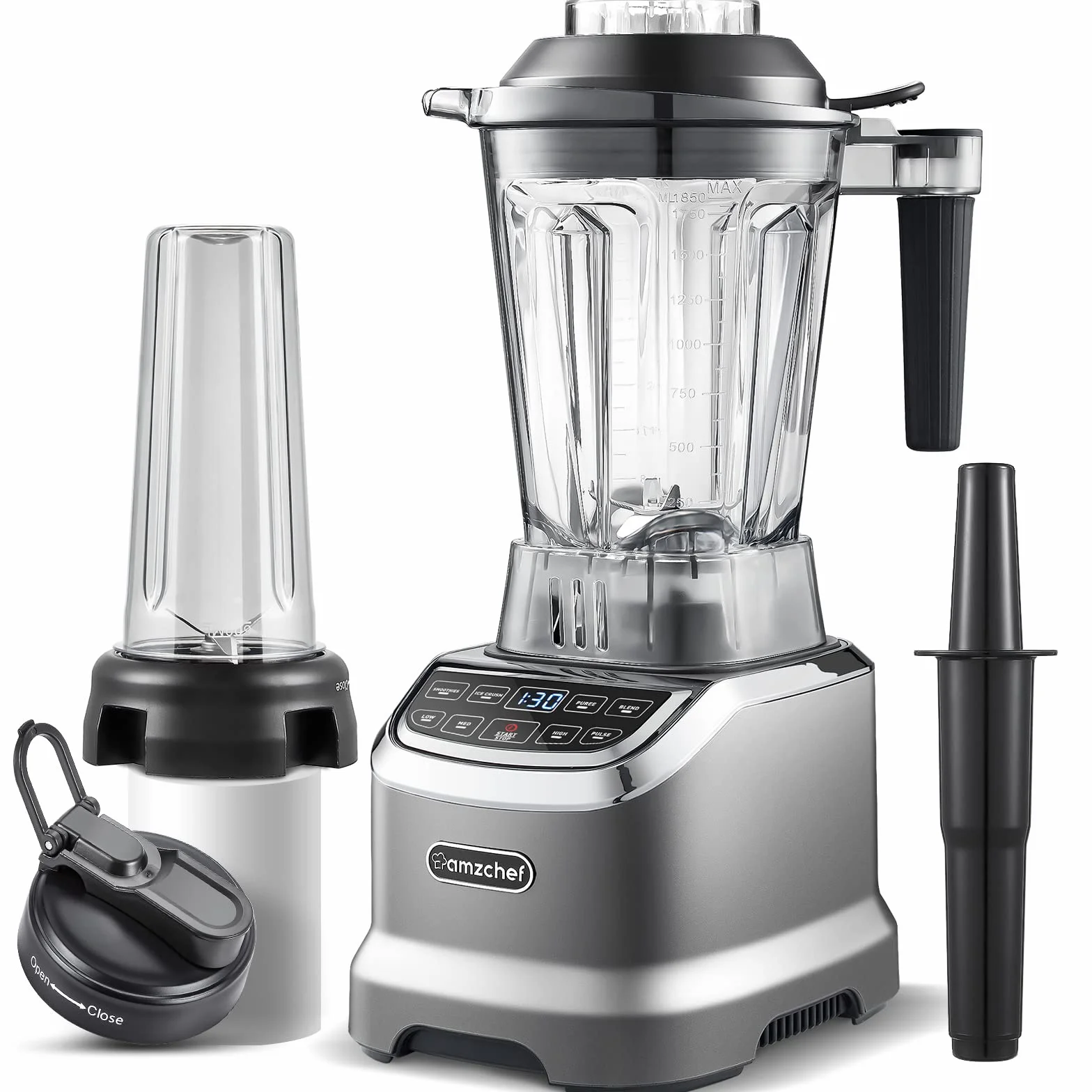 AMZCHEF Blender Smoothie Maker Two Blending Containers - Mikser Stojący High Performance Mikser o Wysokiej Wydajnośc with LED - 1200W 20000 RPM Stand Blender - 6 Ostrych Ostrzy 3D - Szary