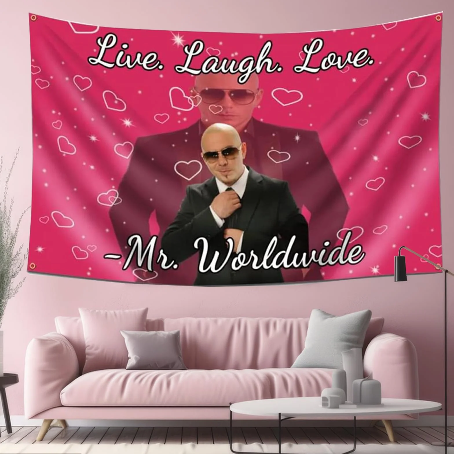 Myqiqi Mr Worldwide Gobelin, Live Laugh Love, zabawny gobelin z metalowymi haczykami pierścieniowymi do wewnątrz lub na zewnątrz, dekoracja ścienna (90 x 150 cm)