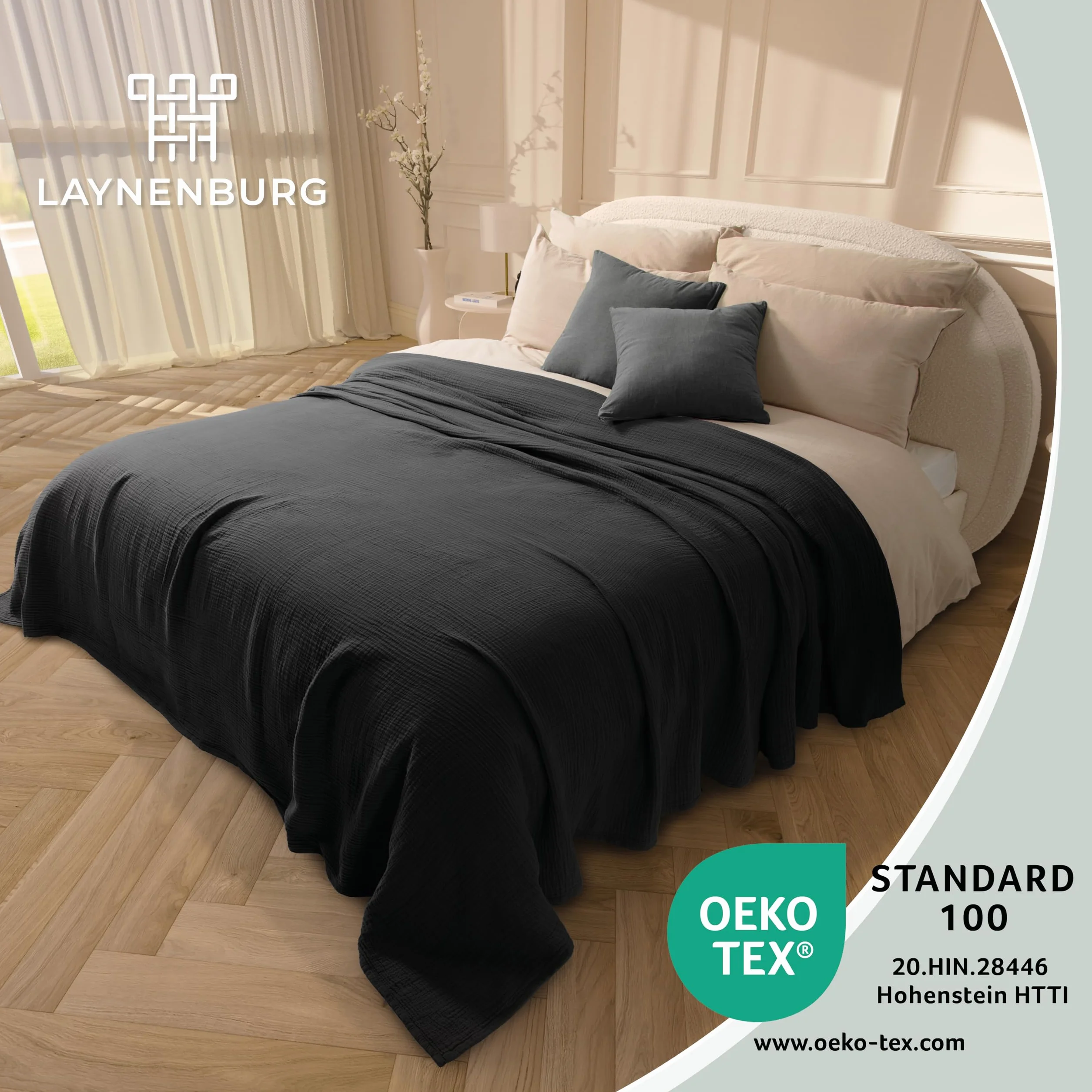 LAYNENBURG Muślinowa narzuta klasy premium, 220 x 240 cm (rozmiar XXL), 100% bawełna, bardzo miękki koc bawełniany jako przytulny koc, narzuta na łóżko, sofę, ciepły koc (czarny)