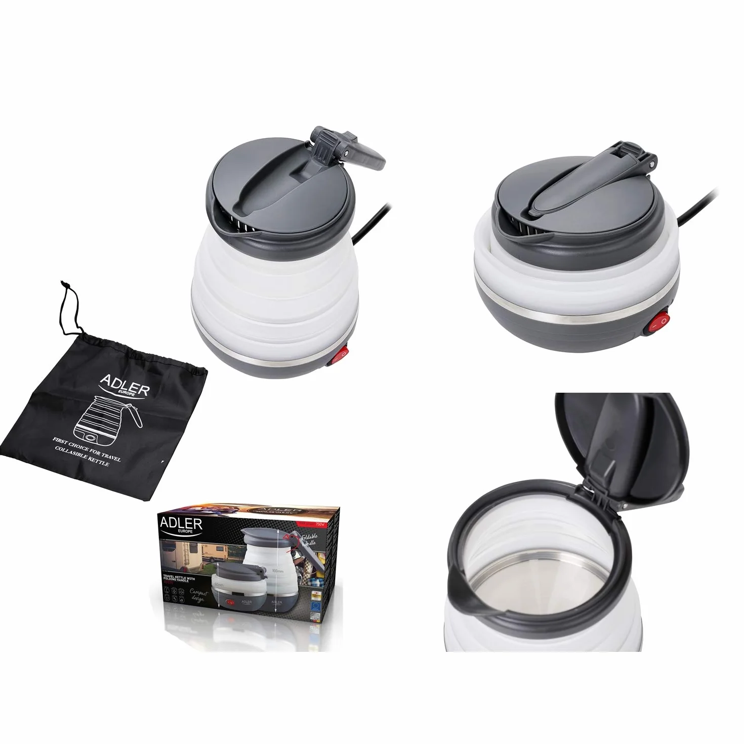 Adler AD 1279 Czajnik Elektryczny Składany, 0.6L, 750W, Biały/Ciemnoszary, Turystyczny, Kompaktowy