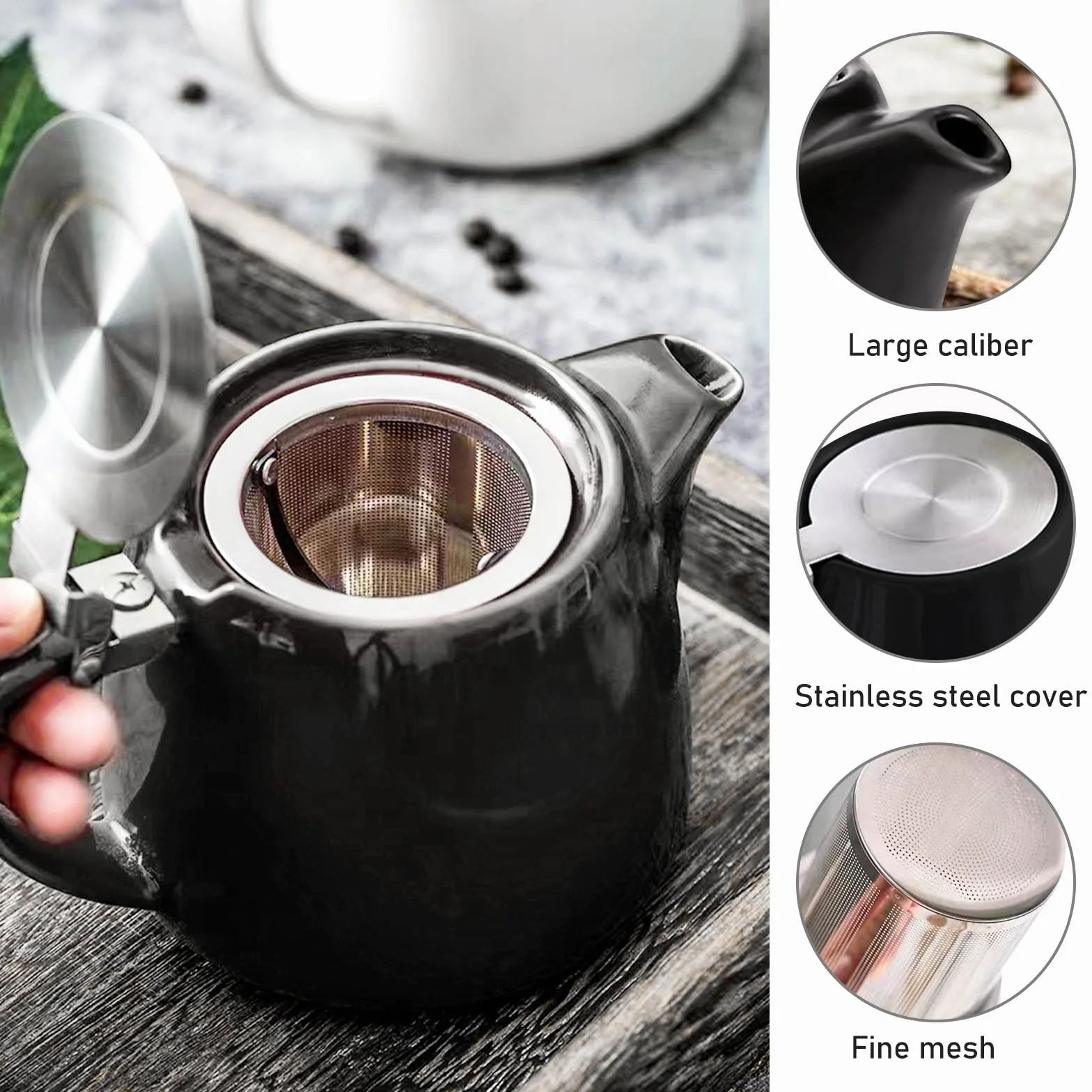 PORFOYO Dzbanek do herbaty z sitkiem, 500 ml, ceramiczny dzbanek do herbaty z wyjmowanym sitkiem ze stali nierdzewnej, ceramiczny dzbanek do herbaty, stal nierdzewna, z drobnymi oczkami, porcelanowy