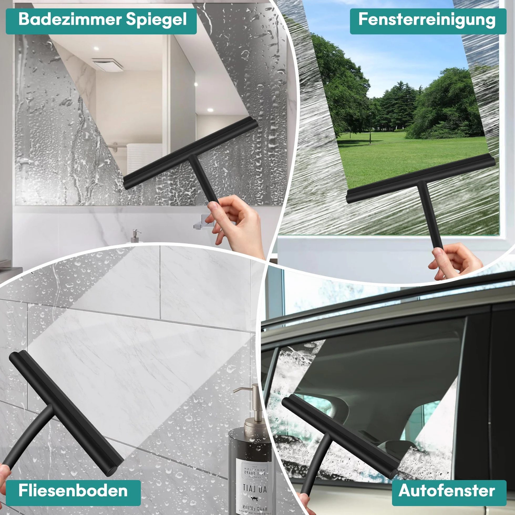 Shower Squeegee ściągaczka prysznicowa, 28 cm, silikonowa, szeroka, czarna – ściągaczka do prysznica i łazienki z uchwytem, bez wiercenia, ściągacz do okien z przyssawką i hakiem