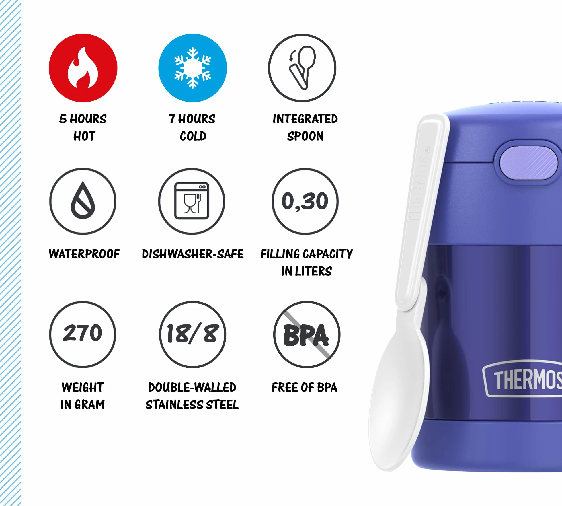 Thermos kids FUNTAINER FOOD JAR 0,30 l, fioletowy, pojemnik termiczny na jedzenie z łyżeczką dla dzieci, 5 h gorący/7 h zimny, absolutnie szczelny do zupy, musli, przerwy